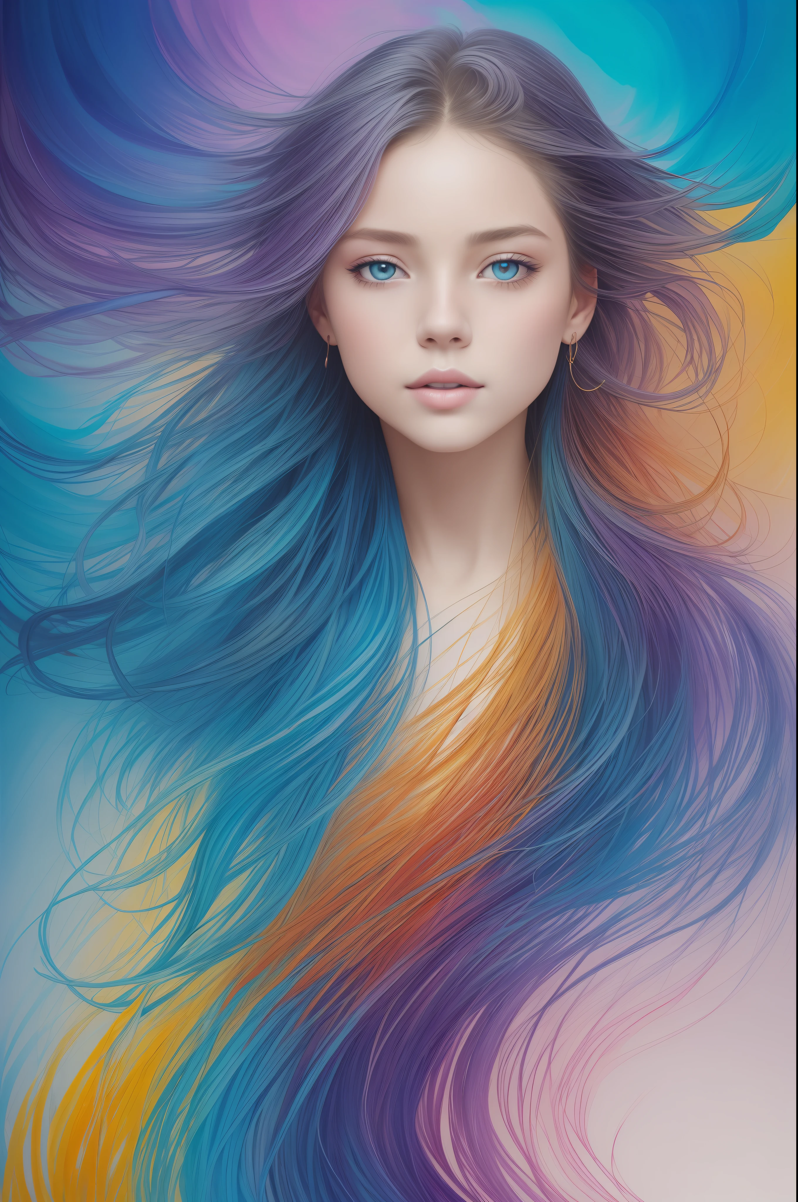 Colorful beautiful girl: a giru 8-years old, messy hair, oil painting, nice perfect face with soft skinice perfect face, blue yellow colors, light purple and violet additions, light red additions, intricate detail, splash screen, 8k resolution, masterpiece, cute face,artstation digital painting smooth veryBlack ink flow: 8k resolution photorealistic masterpiece: intricately detailed fluid gouache painting: by Jean Baptiste Mongue: calligraphy: acrylic: watercolor art, professional photography, natural lighting, volumetric lighting maximalist photoillustration: by marton bobzert:, complex, elegant, expansive, fantastical, wavy hair, vibrant