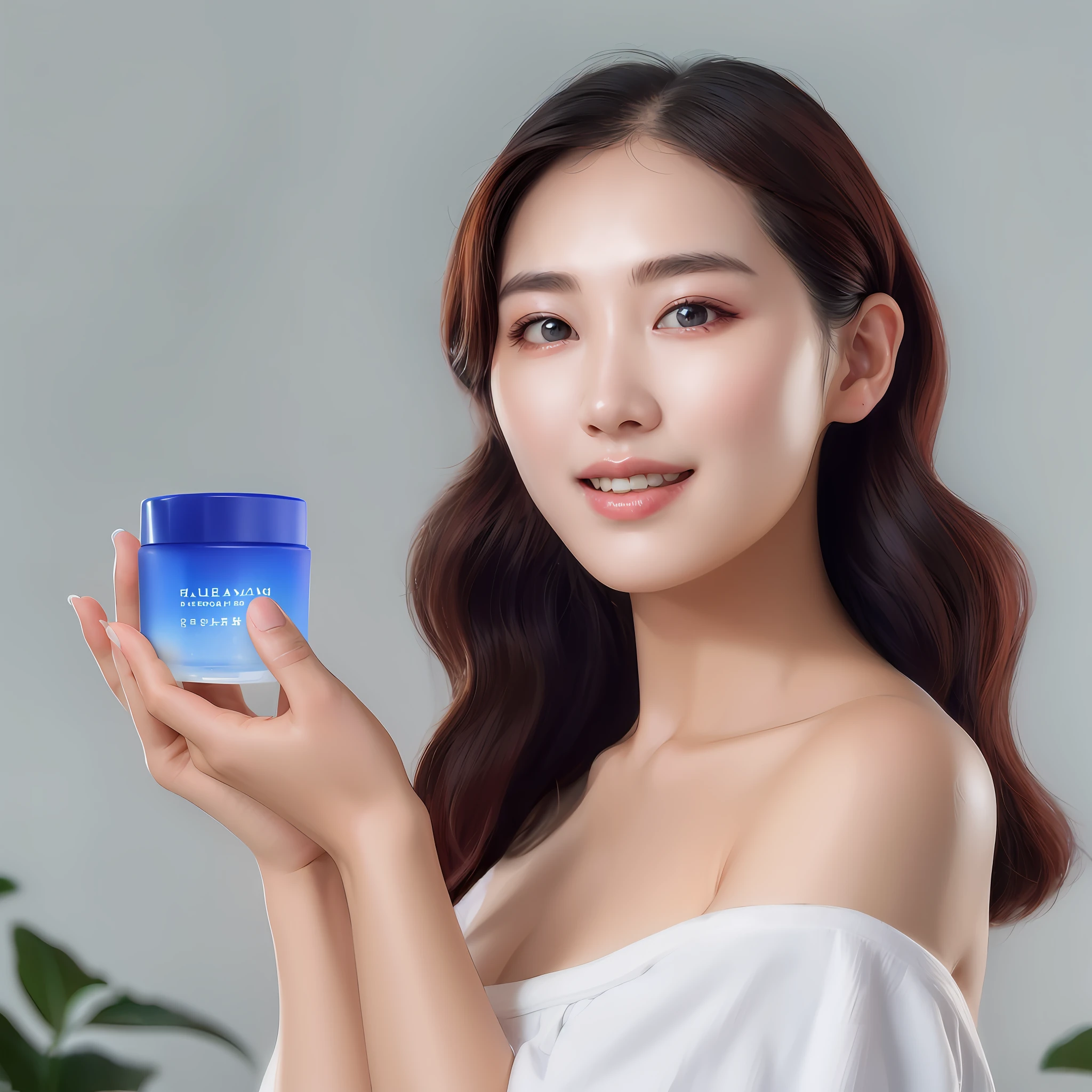 Korean woman holding a jar of cream in her hand, blue background, photo of skincare brand, krystal, smooth blue skin, smooth porcelain skin, high quality local rendering, gorgeous young korean woman, Shiseido lotion, product shoot, product introduction photo, popular korean makeup, smooth glowing skin, milky skin
