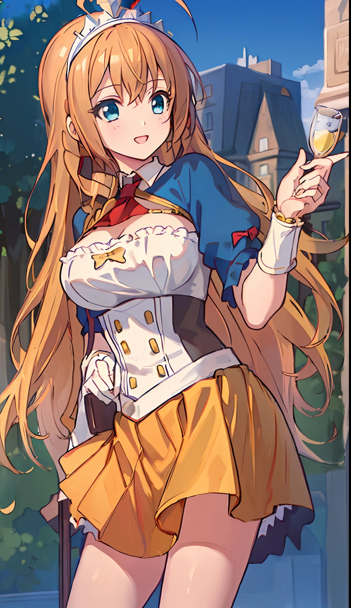 (((Masterpiece)))), ((((Best Quality)))), (((Very detailed))), Precise fingers, Not too many fingers, Illustration, Ahoge on the top of the head, 1 girl, Solo, Golden long hair, Red miniskirt, Pecorine,