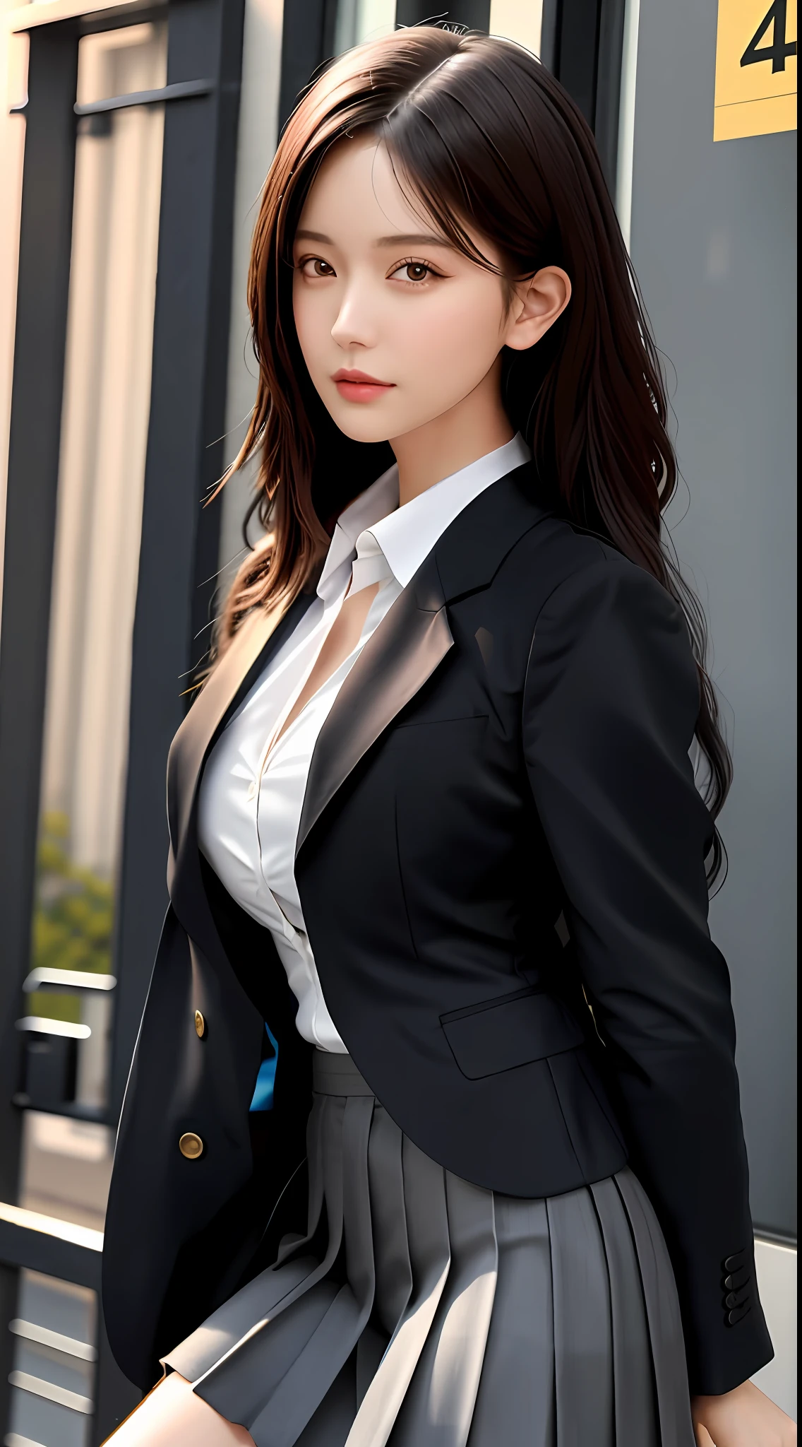 best quality, masterpiece, 1 girl, beautiful face, (photo photo:1.3), edge lighting, (high detail skin:1.2), 8k ultra hd, DSLR, high quality, high resolution, 4k, 8k, bokeh, absurd, best ratio four fingers and one thumb, (realistic:1.3), cute 1girl, wearing black formal blazer, medium breasts, white shirt, black tie, pleated skirt,