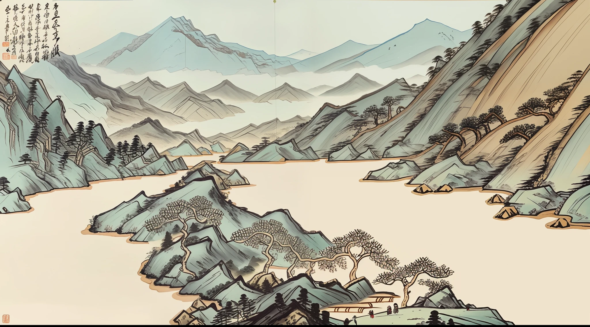 Mountain View Painting with Lake, Super Fine Detail Painting, Chinese Landscape, Wen Boren, Super Fine Detail Painting, Detailed Landscape, Yang Bolun, Ultra Detail Painting, Ni Yuanlu, Inspired by Huang Binhong, Bo Xunling, Landscape, 8K, Detail, Masterpiece, Sense of Premium, Art,