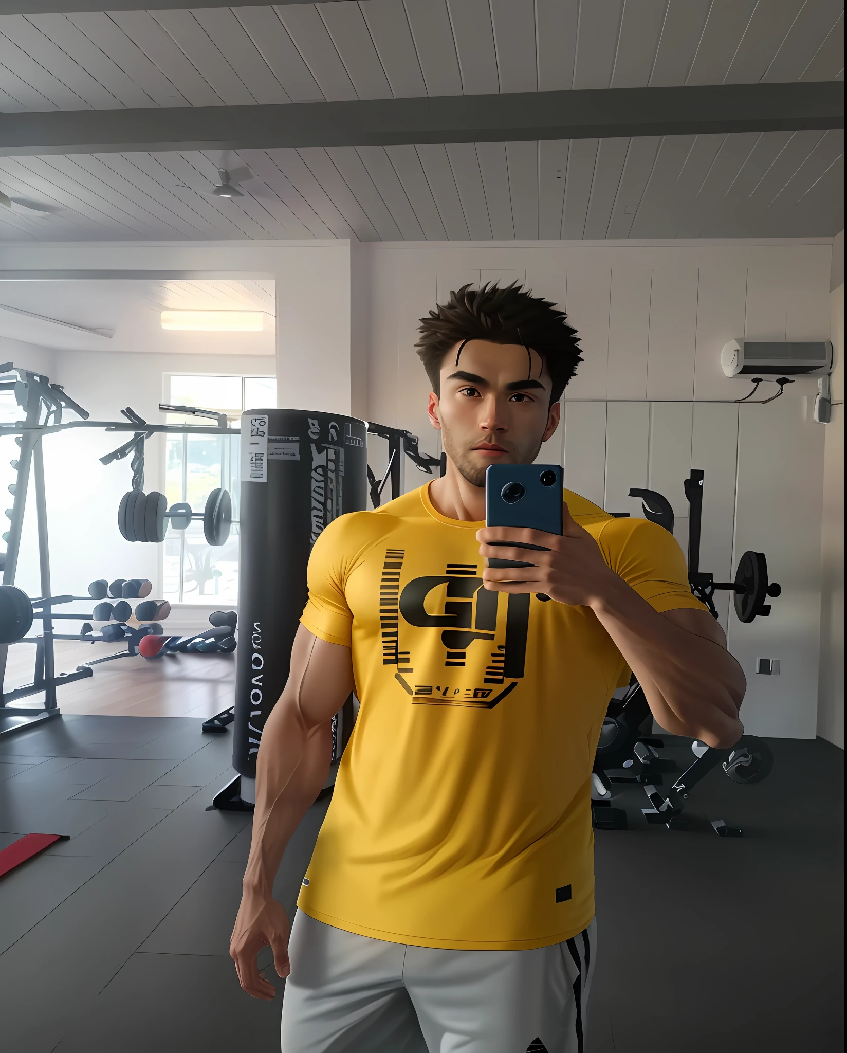 Create in the gym training shirtless in ultra realistic 8k, in different places.