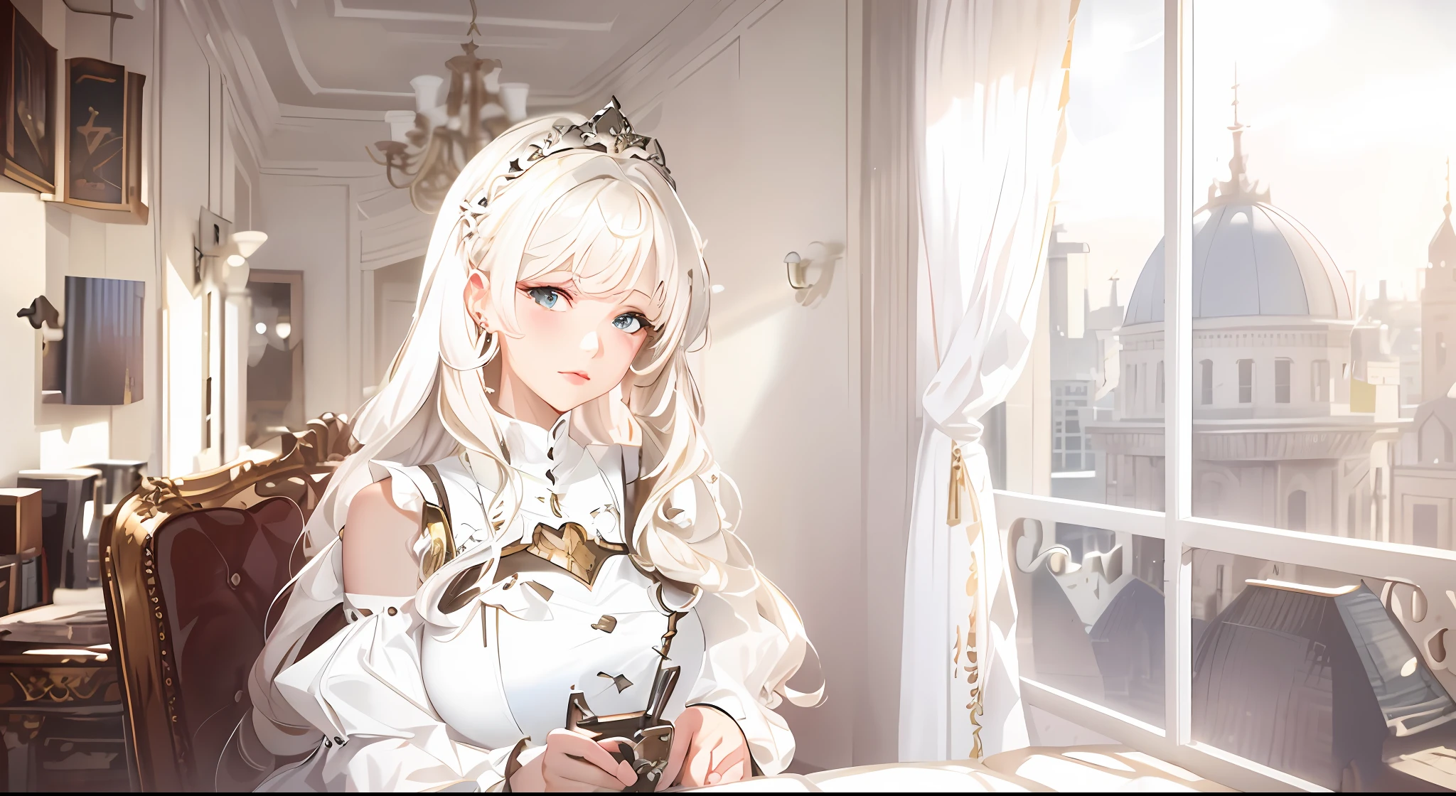 (Back Pins Sit on Chair),(White Long Skirt:1.5),(Masterpiece,Best Quality),1 Girl,Front,(Braided Blonde Ultra Short Hair),Plump,(Mature Woman:1.4),(Cinematic Light,Fiction),Room Shoes,Bay Window,Moonlight