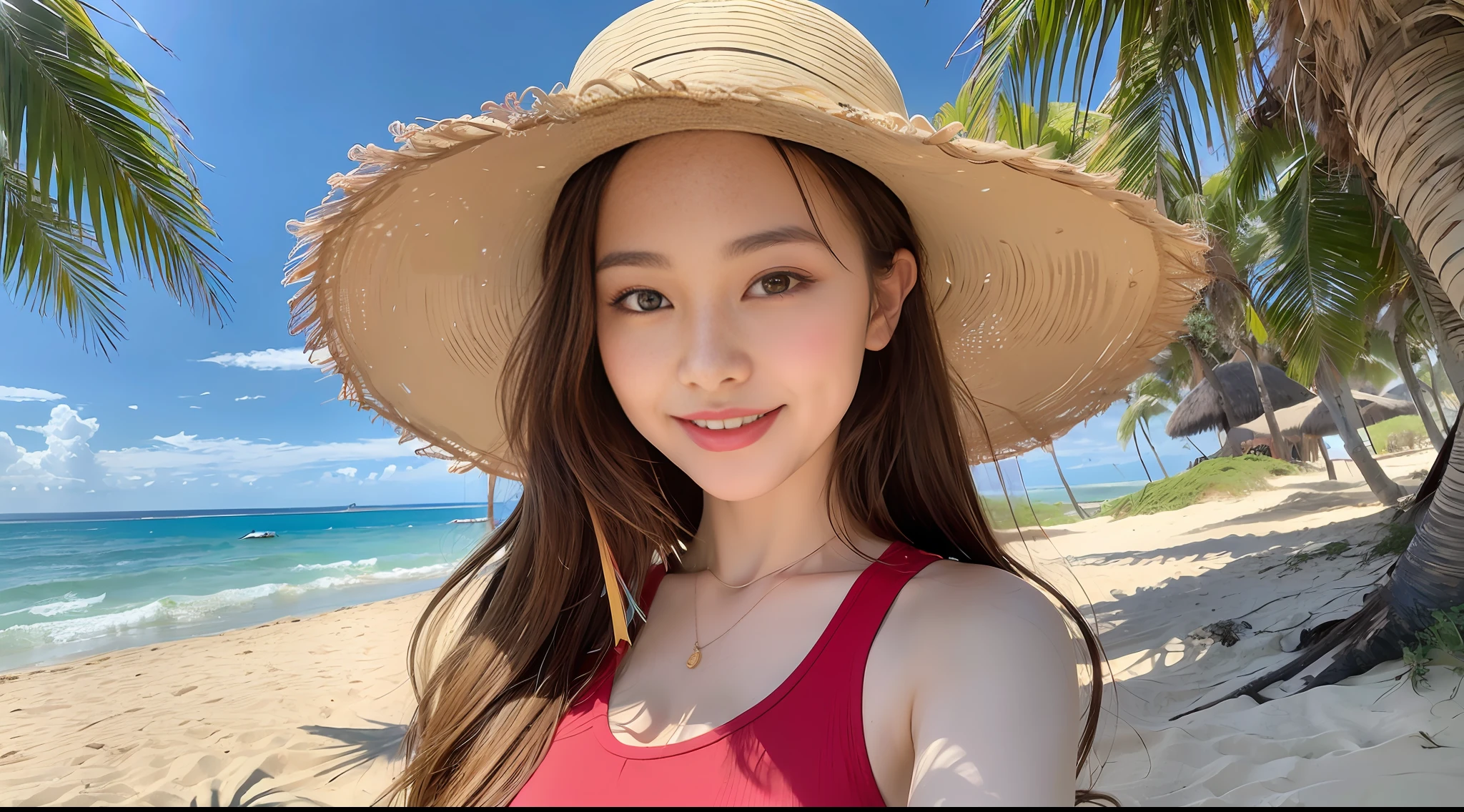 ((8k, masterpiece, top quality: 1.5)), 1girl, wearing a straw hat, smile, summer, daytime, (red t-shirt: 1.5), (white shorts: 1.5), looking at this beach, coast, blue sea, blue sky, white clouds