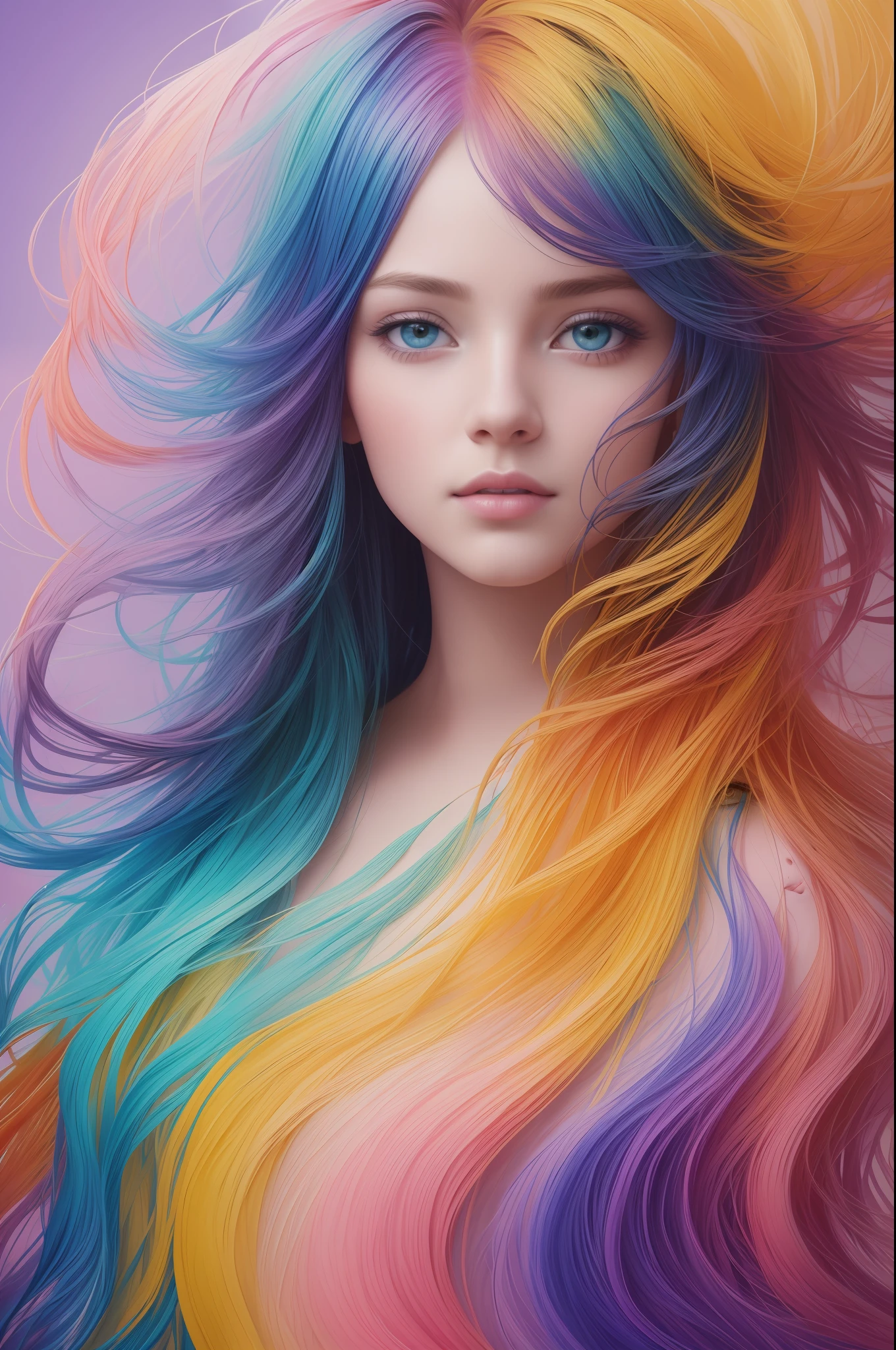 Colorful beautiful girl: a giru 8-, messy hair, oil painting, nice perfect face with soft skinice perfect face, blue yellow colors, light purple and violet additions, light red additions, intricate detail, splash screen, 8k resolution, masterpiece, cute face,artstation digital painting smooth veryBlack ink flow: 8k resolution photorealistic masterpiece: intricately detailed fluid gouache painting: by Jean Baptiste Mongue: calligraphy: acrylic: watercolor art, professional photography, natural lighting, volumetric lighting maximalist photoillustration: by marton bobzert:, complex, elegant, expansive, fantastical,  wavy hair, vibrant