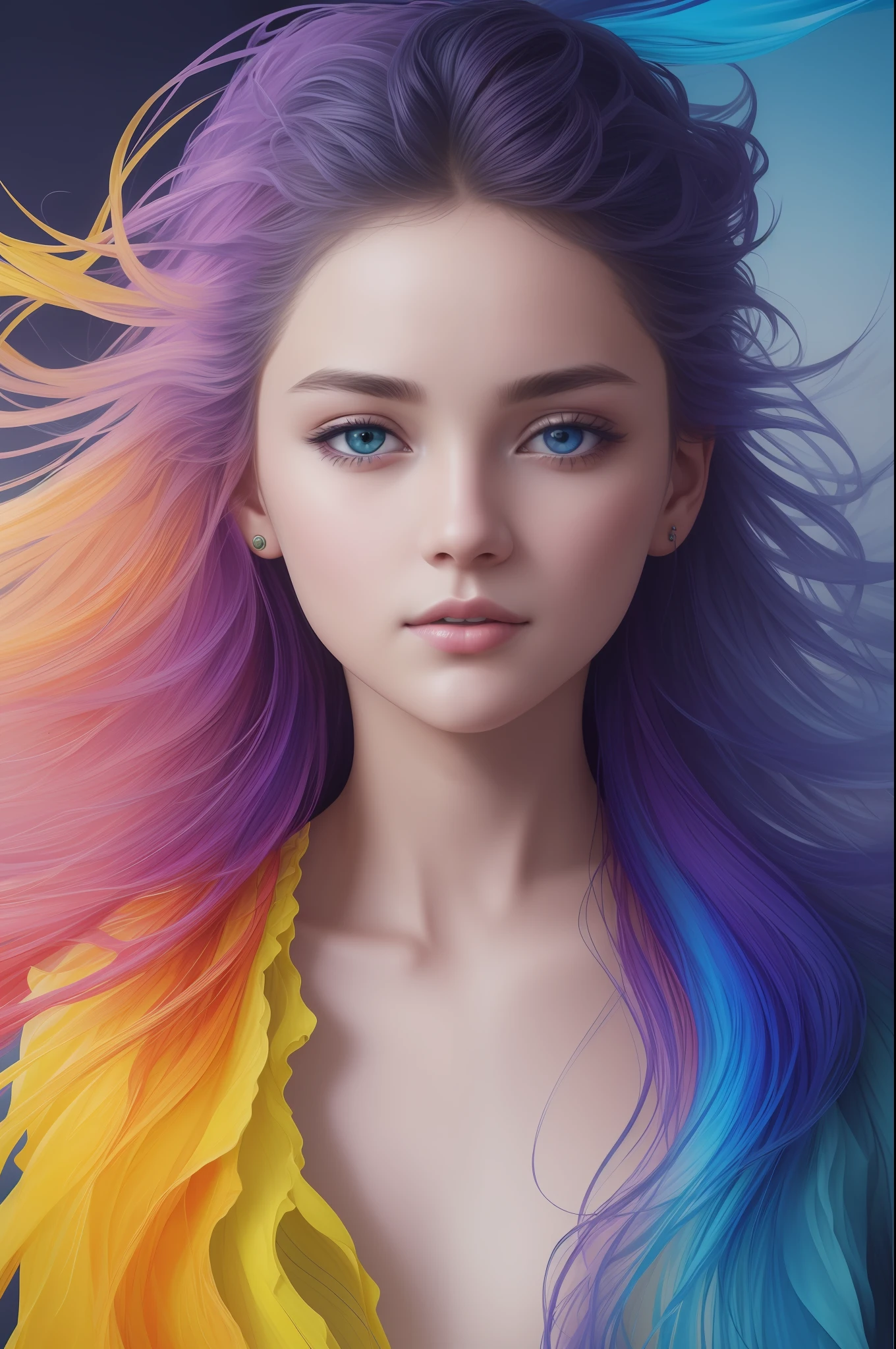 Colorful beautiful girl: a giru 8-, messy hair, oil painting, nice perfect face with soft skinice perfect face, blue yellow colors, light purple and violet additions, light red additions, intricate detail, splash screen, 8k resolution, masterpiece, cute face,artstation digital painting smooth veryBlack ink flow: 8k resolution photorealistic masterpiece: intricately detailed fluid gouache painting: by Jean Baptiste Mongue: calligraphy: acrylic: watercolor art, professional photography, natural lighting, volumetric lighting maximalist photoillustration: by marton bobzert:, complex, elegant, expansive, fantastical, wavy hair, vibrant