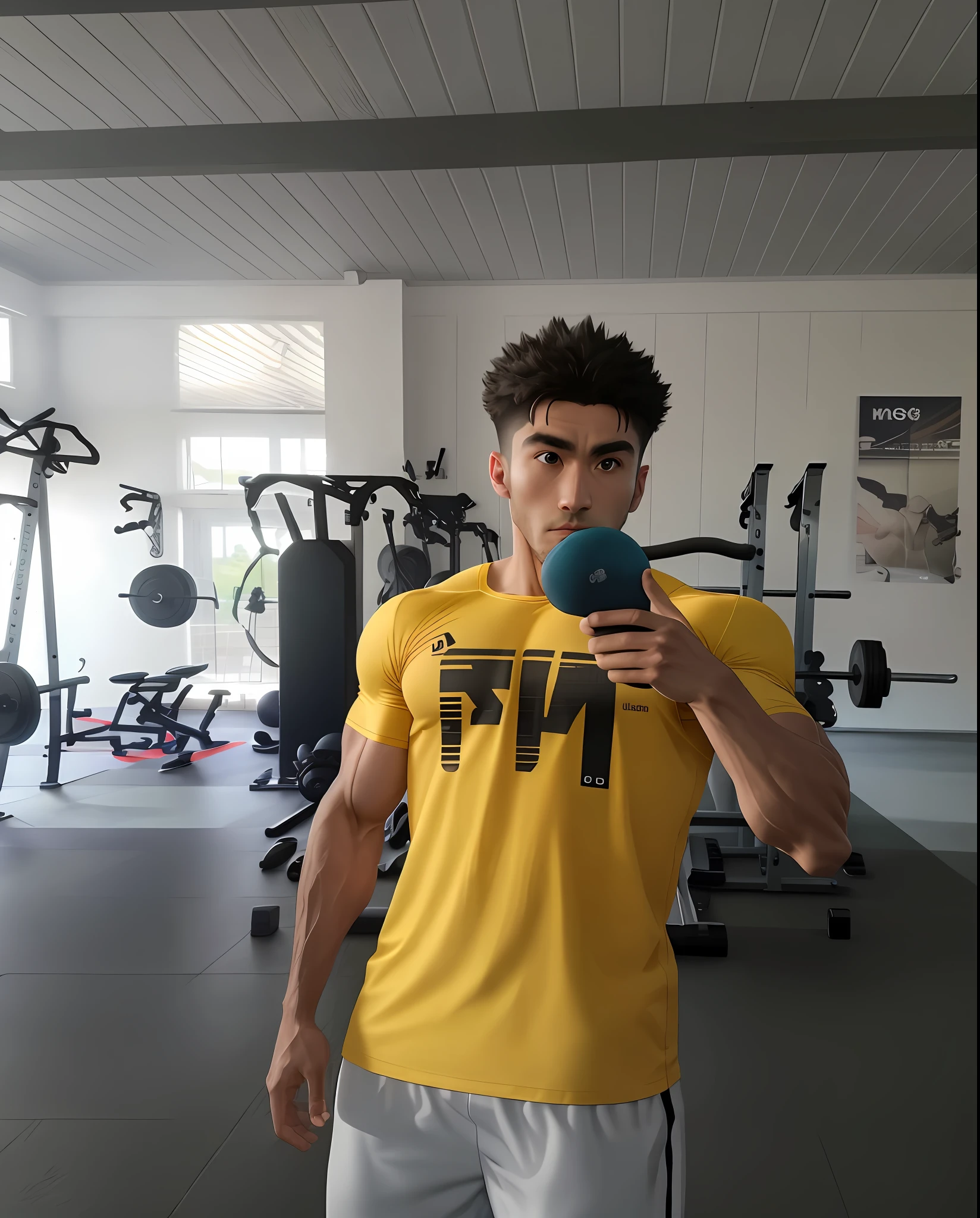 Create in the gym training shirtless in ultra realistic 8k, in different places.