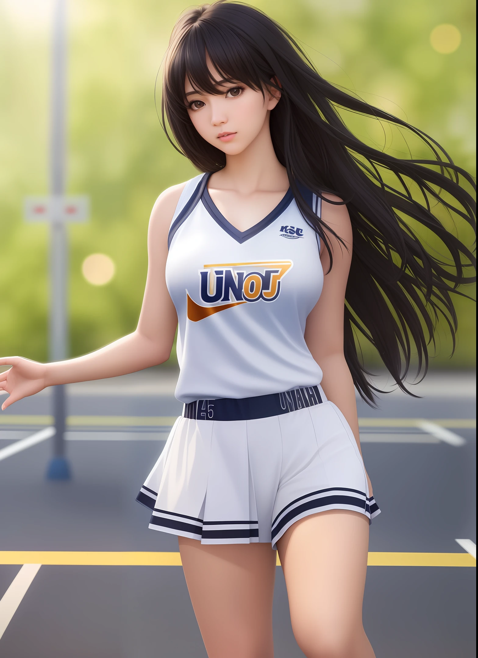 (8k, best quality, masterpiece:1.2), (realistic, photo-realistic:1.37), ultra-detailed,best quality, ultra high res, professional lighting, photon mapping, radiosity, physically-based rendering, cinematic lighting, basketball court,depth of field, sharp focus,sunbeam, good composition,(bokeh:1.2) 1girl,solo,(full body), (closed mouth),beautiful detailed eyes, pose, narrow waist,basketball uniform, black hair,messy hair,long hair floating in wind,(ulzzang-6500:1.2)
mix4, hiqcgbody