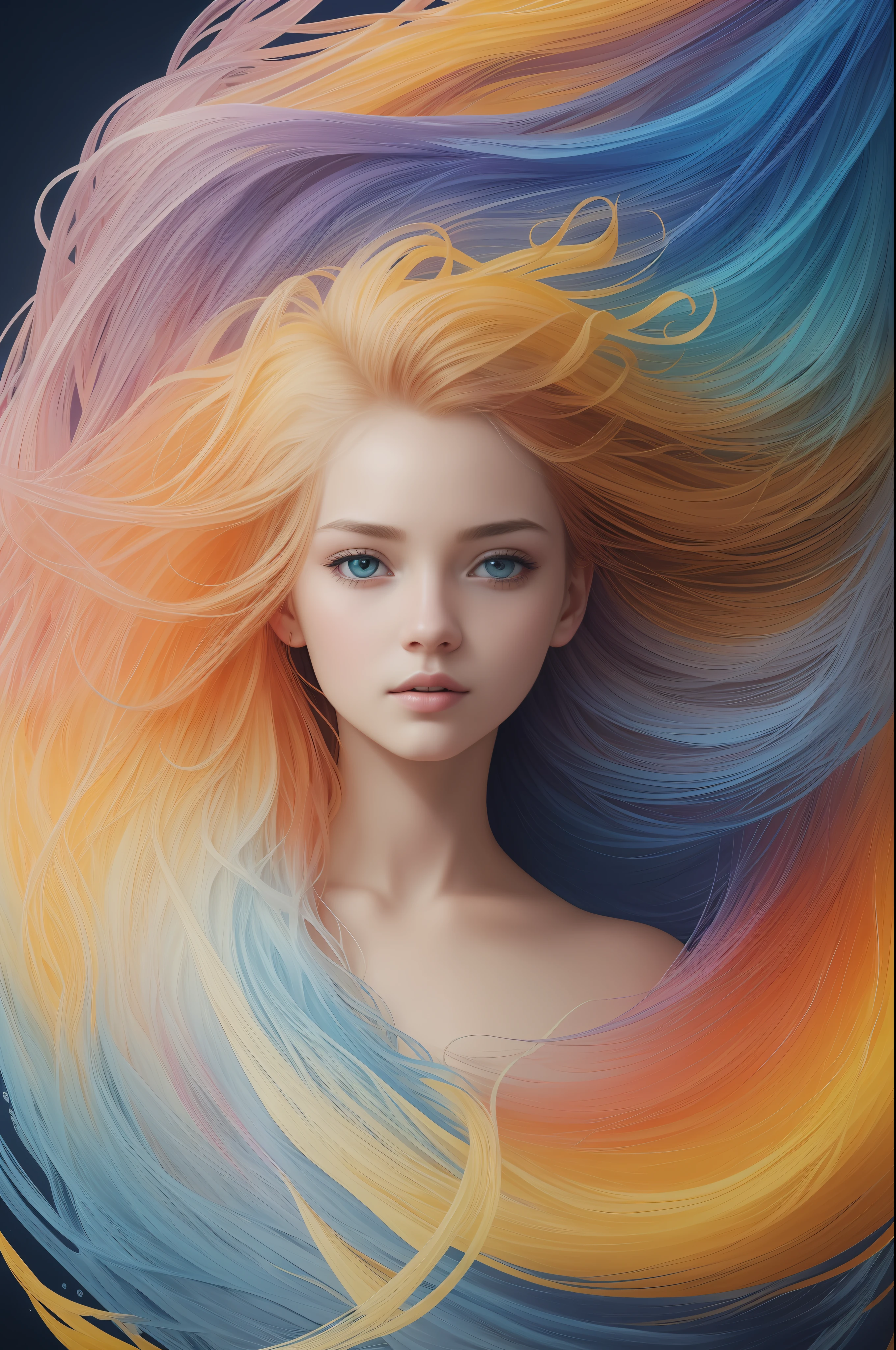 Colorful beautiful girl: a giru 8-years old, messy hair, oil painting, nice perfect face with soft skinice perfect face, blue yellow colors, light purple and violet additions, light red additions, intricate detail, splash screen, 8k resolution, masterpiece, cute face,artstation digital painting smooth veryBlack ink flow: 8k resolution photorealistic masterpiece: intricately detailed fluid gouache painting: by Jean Baptiste Mongue: calligraphy: acrylic: watercolor art, professional photography, natural lighting, volumetric lighting maximalist photoillustration: by marton bobzert:, complex, elegant, expansive, fantastical, wavy hair, vibrant