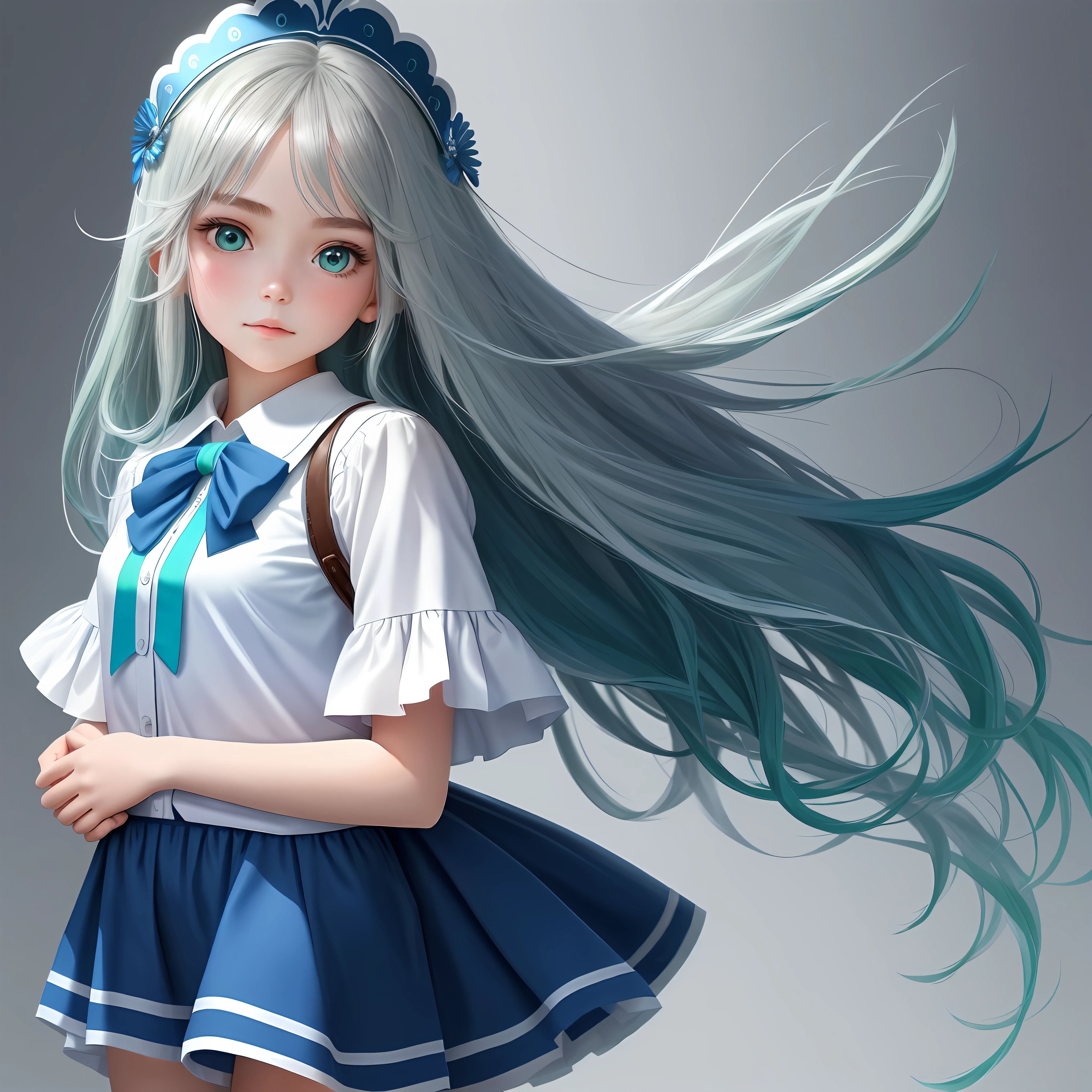 1girl, (masterpiece:1.1), (best quality:1.1), (white blouse:1.1), (shorts:1.1), school uniform,, school bag, BREAK [blue:pink:0.5] theme, (gradient background:1.1), cowboy shot, break silver, long hair, green eyes, delicate headdress, look to the side, Look positive