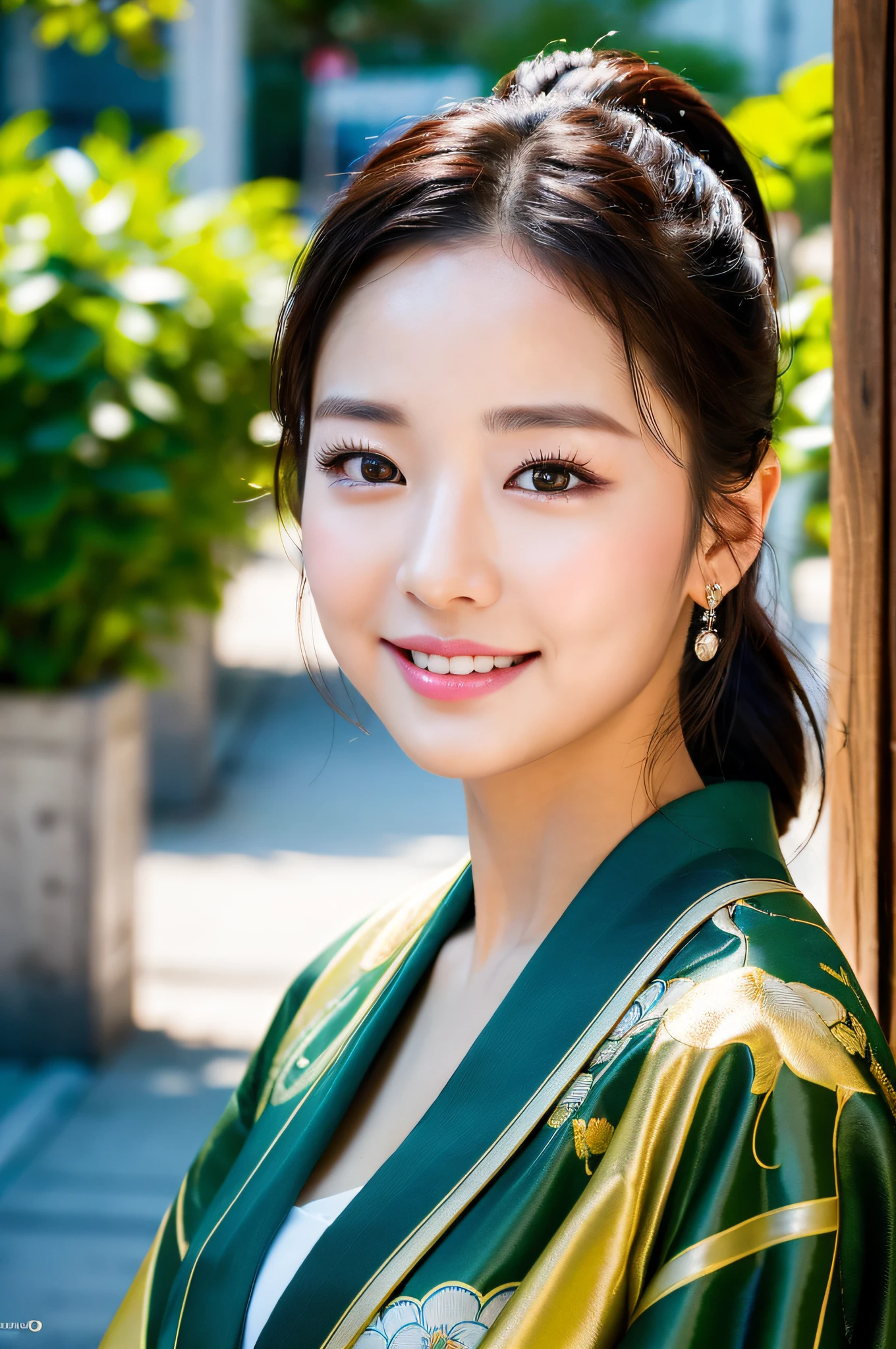 ((Top Quality, 8K, Masterpiece: 1.3)), Sharp Focus: 1.2, (Korean Cute Actress No.1), Realistic Photo (Shiny Skin), Realistic Photo, Black Hair, Wear Kimono, Realistic Pupil, Movie Lighting, Highly Detailed Eyes and Face, Movie Lighting, Smile