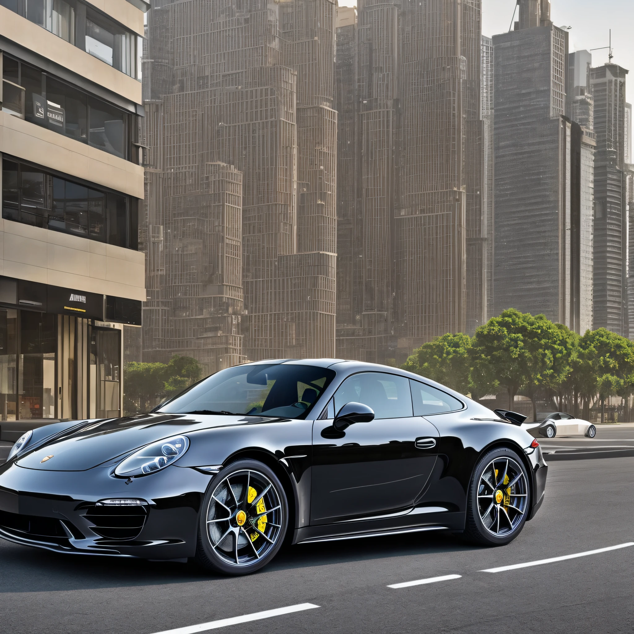 Realistic image of a black Porshe 911 through the streets of Dubai --auto --s2