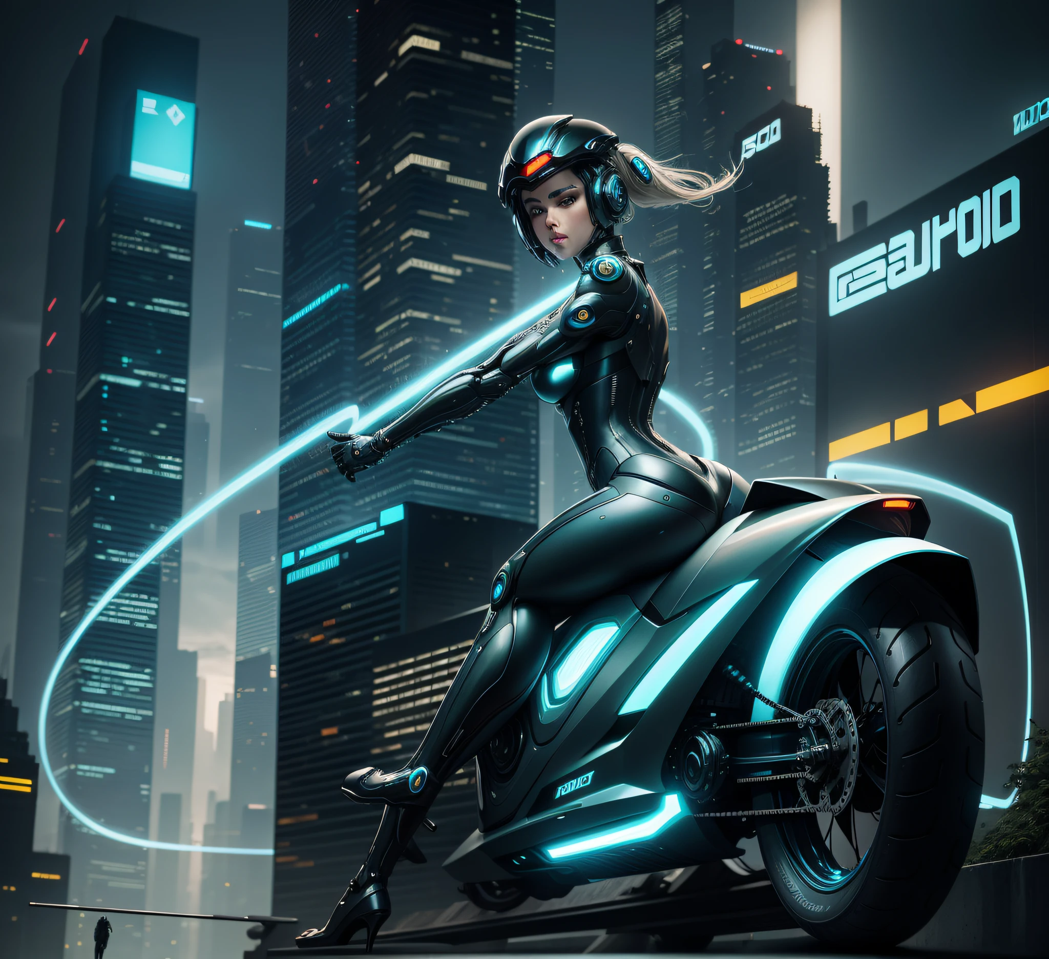 Beautiful woman riding futuristic cool motorcycle, wearing futuristic robotic suit, cyberpunk cityscape on background --auto --s2