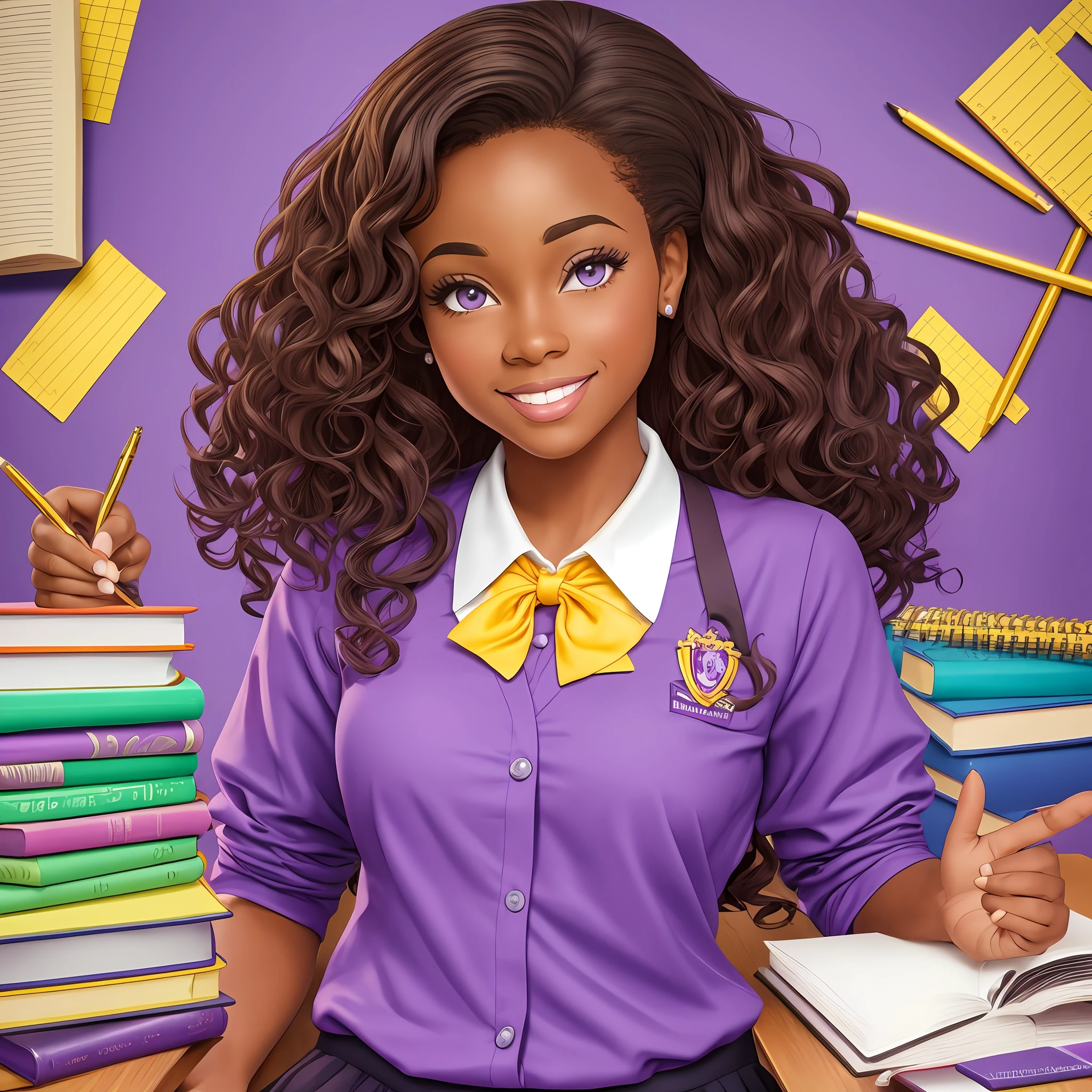 Disney character, black woman with wavy brown hair, intelligent, teacher's outfit, detailed ultra realistic lilac, purple and yellow clothes, disney style character, school teacher. School supplies, school --auto --s2
