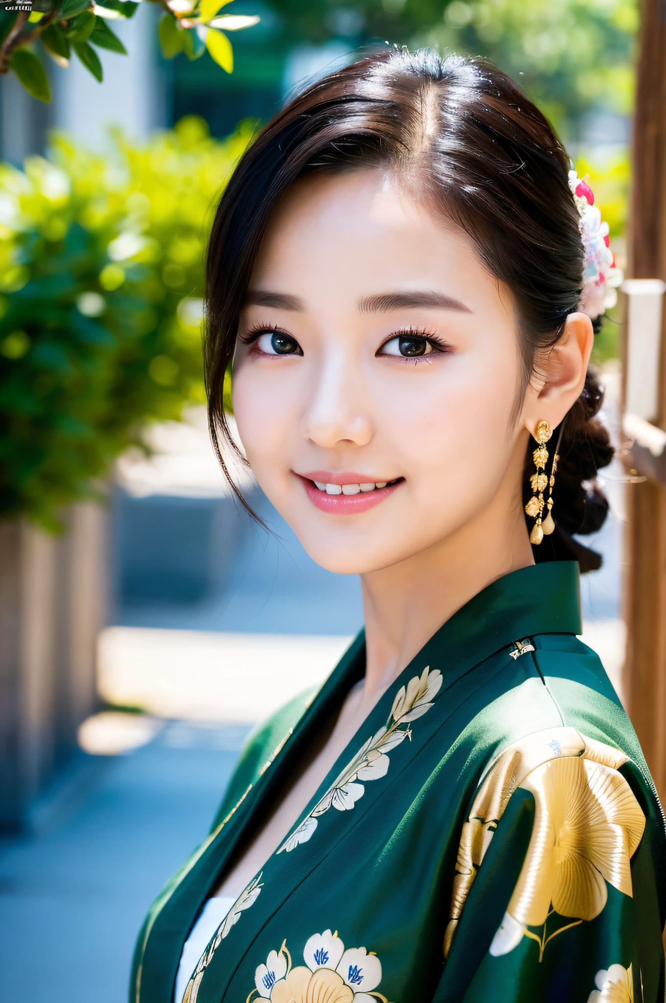 ((Top Quality, 8K, Masterpiece: 1.3)), Sharp Focus: 1.2, (Korean Cute Actress No.1), Realistic Photo (Shiny Skin), Realistic Photo, Black Hair,  Wear Kimono, Realistic Pupil, Movie Lighting, Highly Detailed Eyes and Face, Movie Lighting, shy Smile