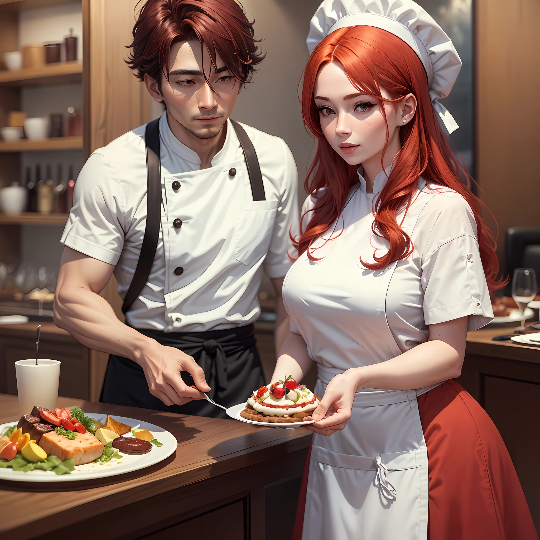 A couple dining in a luxurious restaurant, dining and being served by the chef, who is dressed only in an apron, with red hair, covered by the chefs' hat;