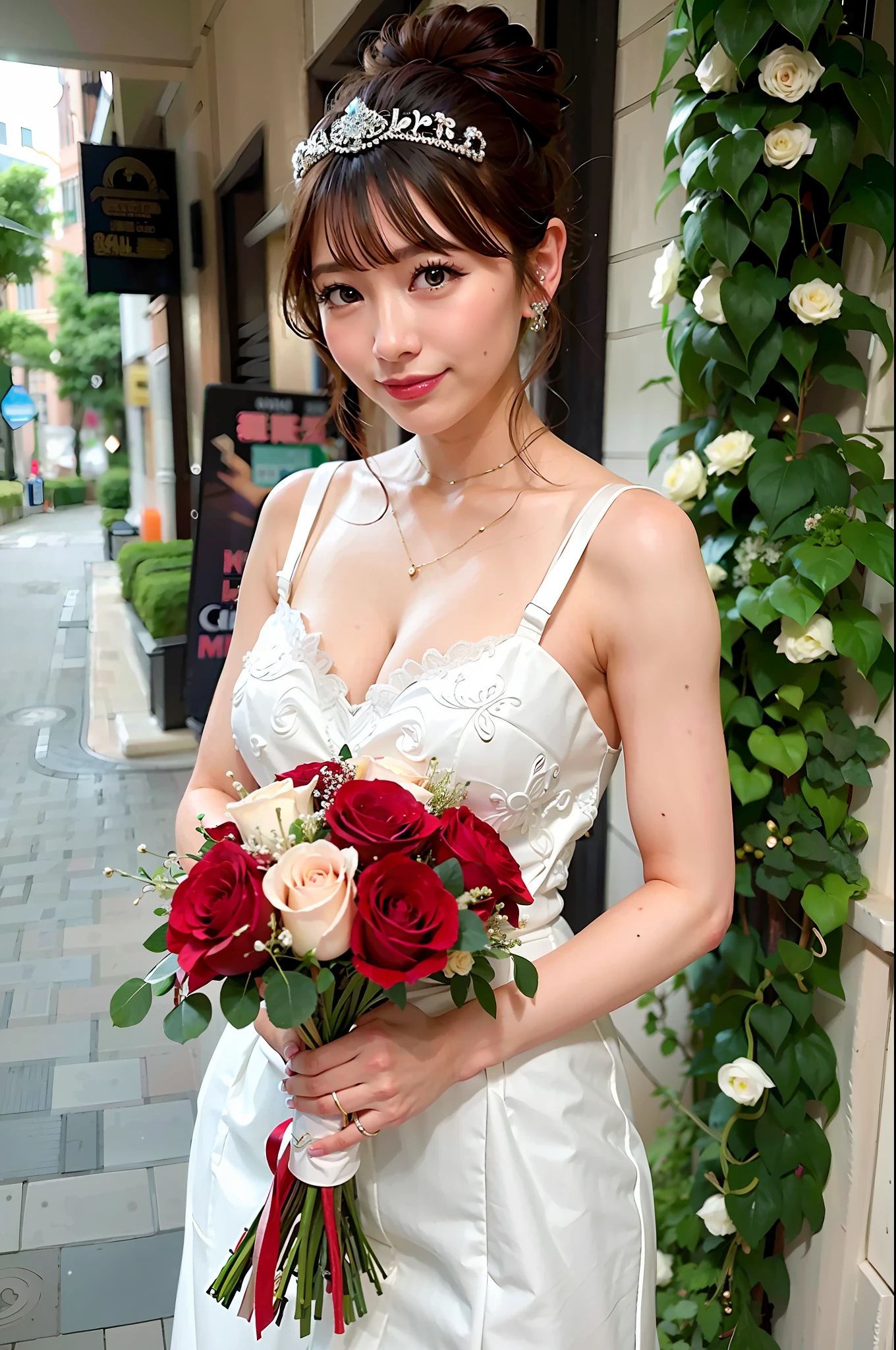 8K, high quality, detailed and delicate skin, precise finger generation, sharp face, alafed woman in wedding dress with bouquet of roses, lovely woman with flowers, photo taken with nikon D750, photo taken with Nikon D7 5 0, cute elegant pose, shot with Canon EOS 5 D Mark IV, beautiful asian girl, ayami in Kojima
