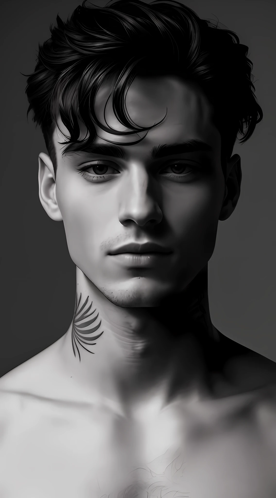 a close up of a man with a tattoo on his chest, editorial portrait, male model, beautiful young man, portrait of beautiful young man, young man with beautiful face, beautiful male face, black and white portrait, closeup headshot portrait, head and shoulders shot, portrait close up of guy, editorial photograph, headshot portrait, upper body portrait, nico delort