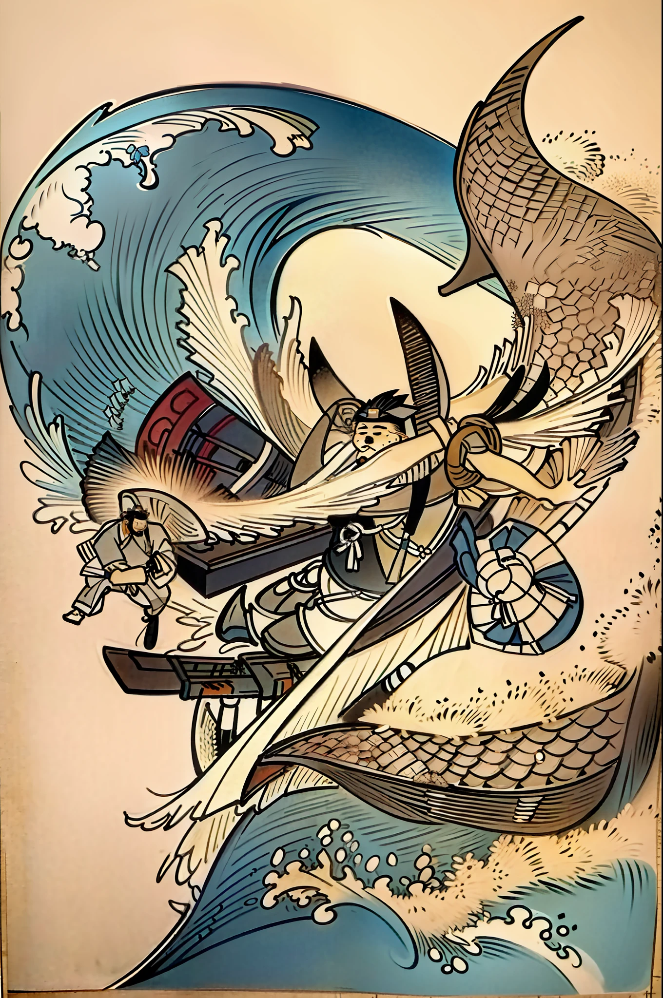 "Samurai Yasuo eating sushi with a smile. Sashimi, sea and waves, sushi with dragon. Katana and rounin. Alone and happy. Masterpiece and better quality."