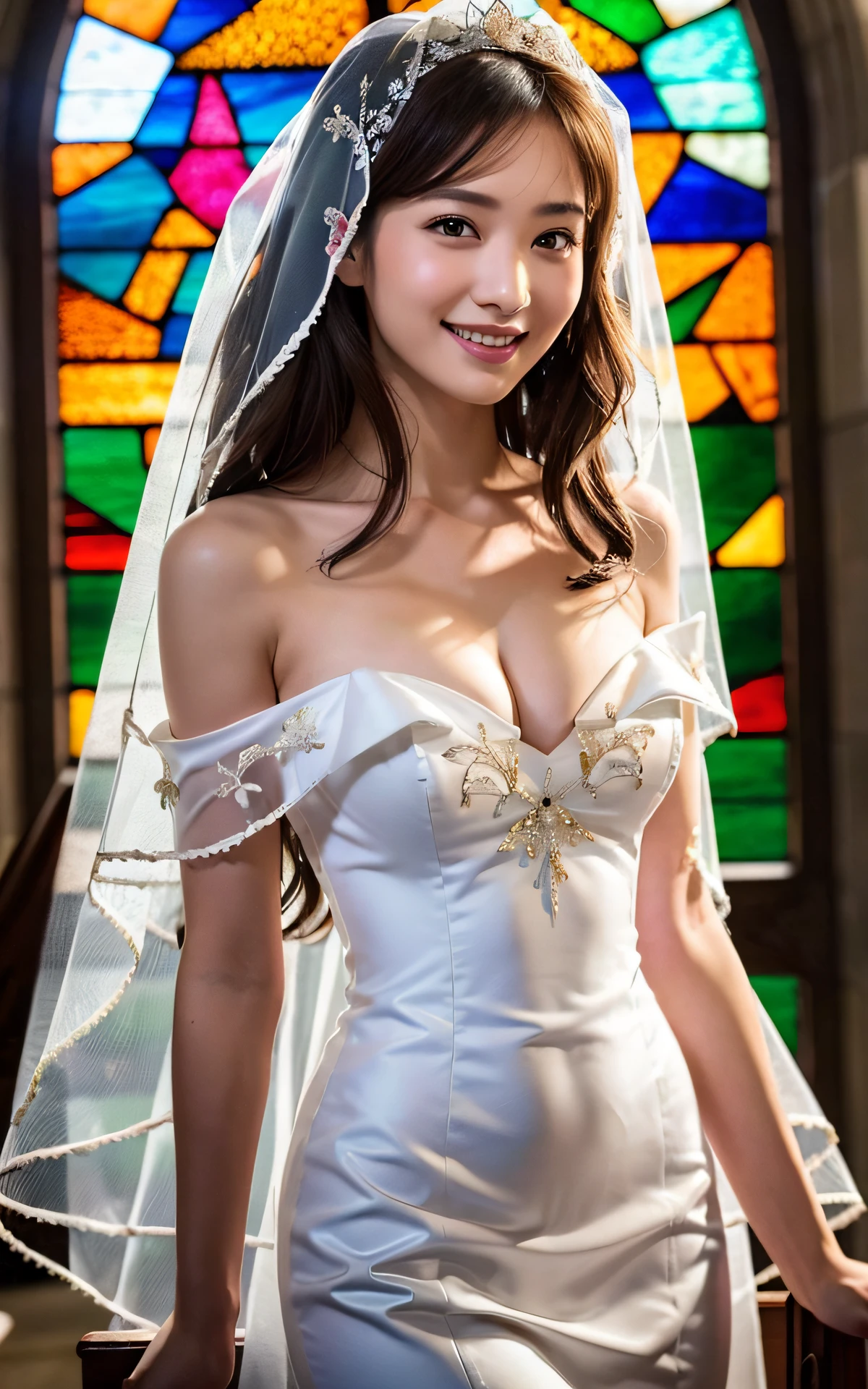 (masterpiece: 1.4), (hyperrealistic: 1.4), (best quality, 16k, 32k, masterpiece, UHD: 1.2), dainty Japan woman photo, one young girl, double eyelids, (big: 1.2), sexy, (pure white wedding dress, wedding veil)), (deep slit: 1.2), (smile: 1.1), off-shoulder, (( Stained glass in the church)), cleavage cutout, full body