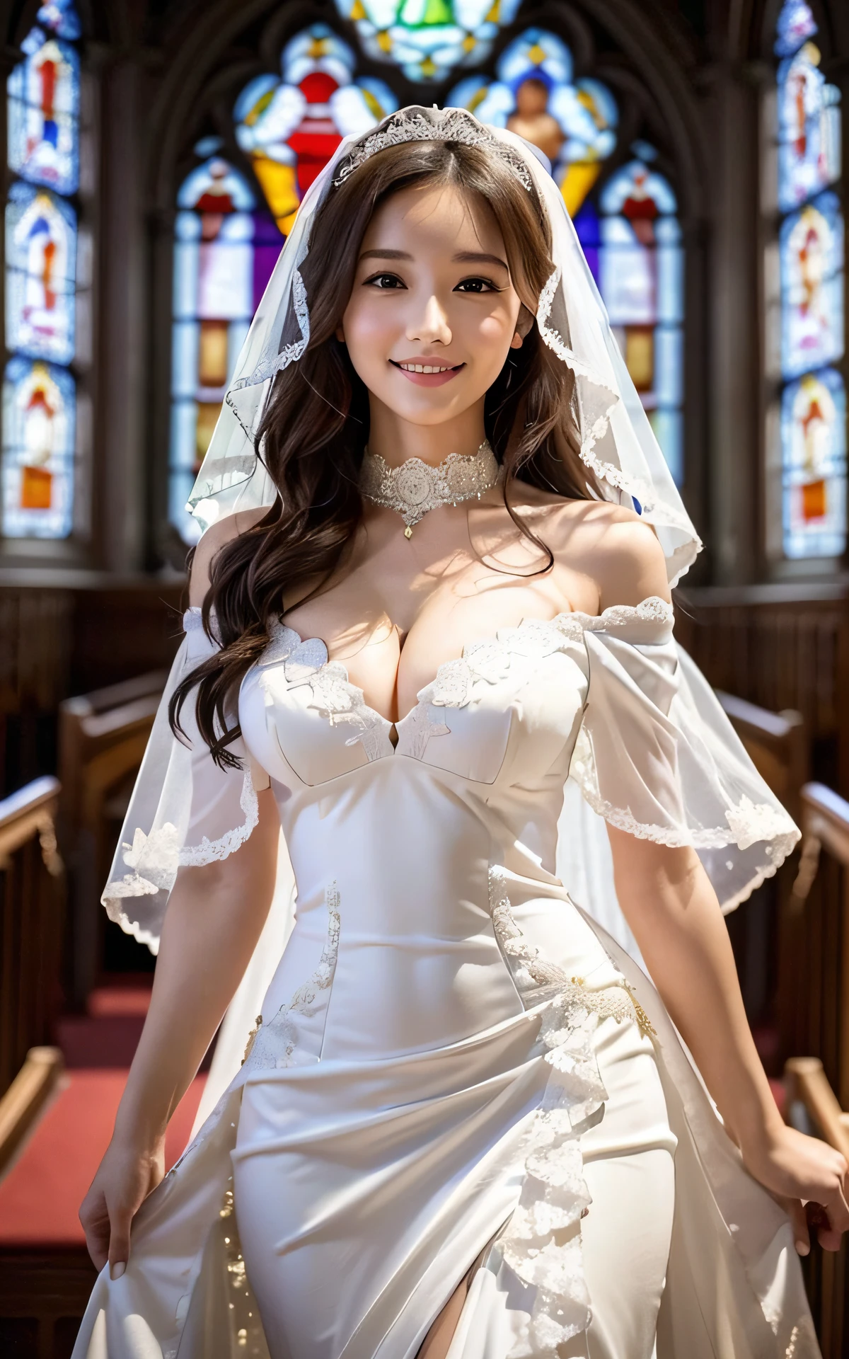 (masterpiece: 1.4), (hyperrealistic: 1.4), (best quality, 16k, 32k, masterpiece, UHD: 1.2), dainty Japan woman photo, one young girl, double eyelids, (big: 1.2), sexy, (pure white wedding dress, wedding veil)), (deep slit: 1.2), (smile: 1.1), off-shoulder, (( Stained glass in the church)), cleavage cutout, full body