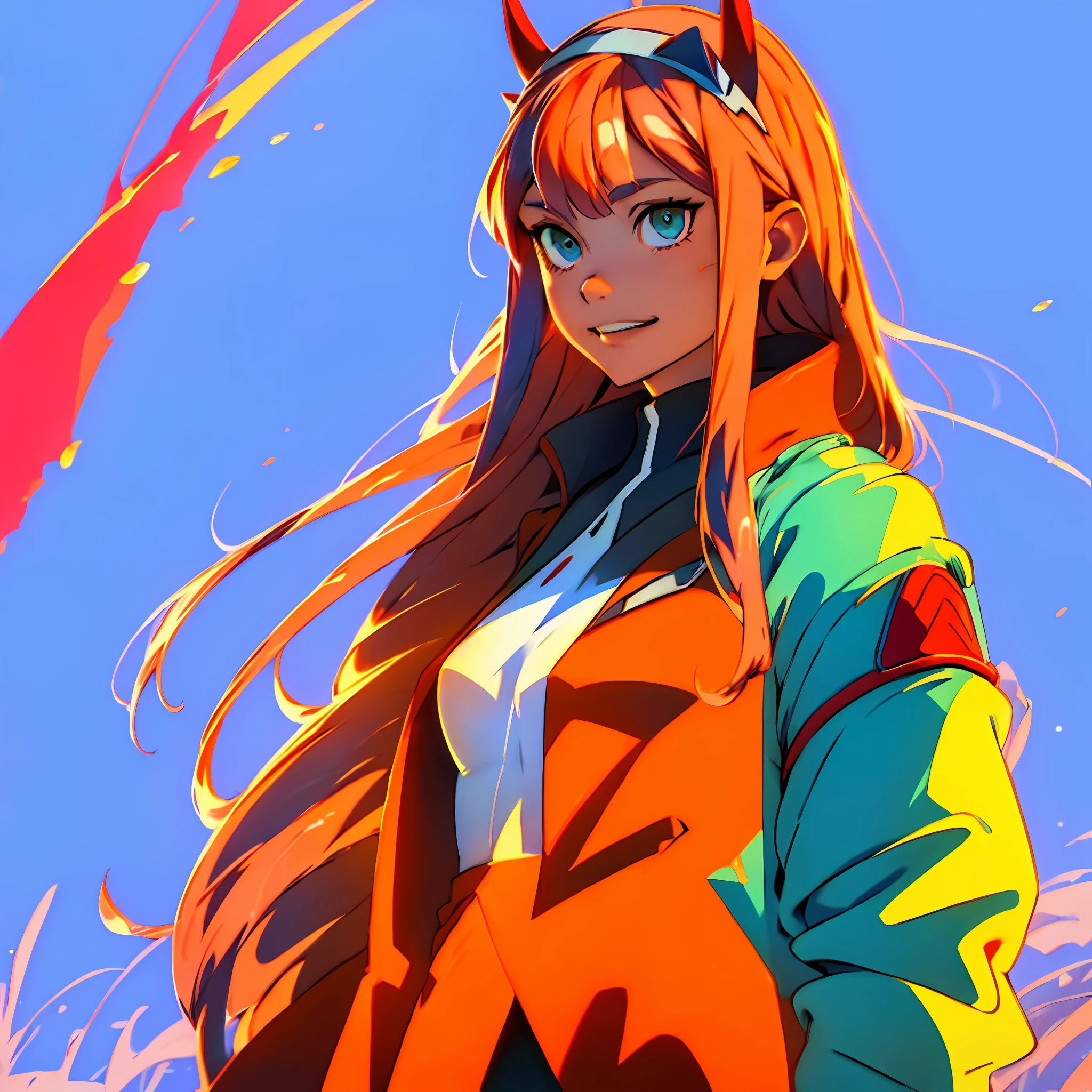 zero two \(darling in the franxx\), darling in the franxx, 1girl, ascot, bangs, blue background, green eyes, hairband, horns, long hair, long sleeves, looking at viewer, red jacket, closed jacket, military uniform, oni horns, orange ascot, pink hair, red horns, simple background, smile, solo, standing, uniform, white hairband, ((masterpiece)),camel toe, (breast:1.4), 8k,