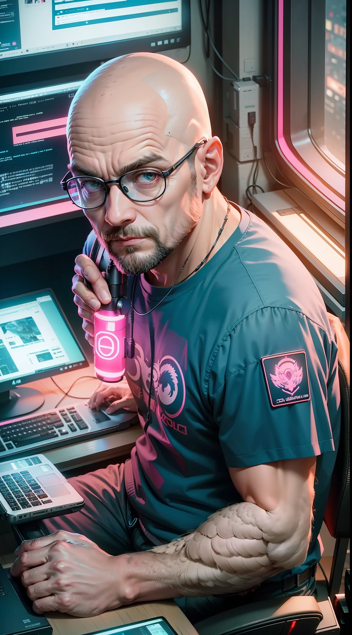 40 year old bald man sitting, computers around, (a huge owl bird on his shoulder), red owl, cyberpunk style, angle of image from above, dramatic light, blue neon light with pink, high quality, high definition, 16k, uhd, severe low lighting, high quality, sharp focus, fujifilm XT3.