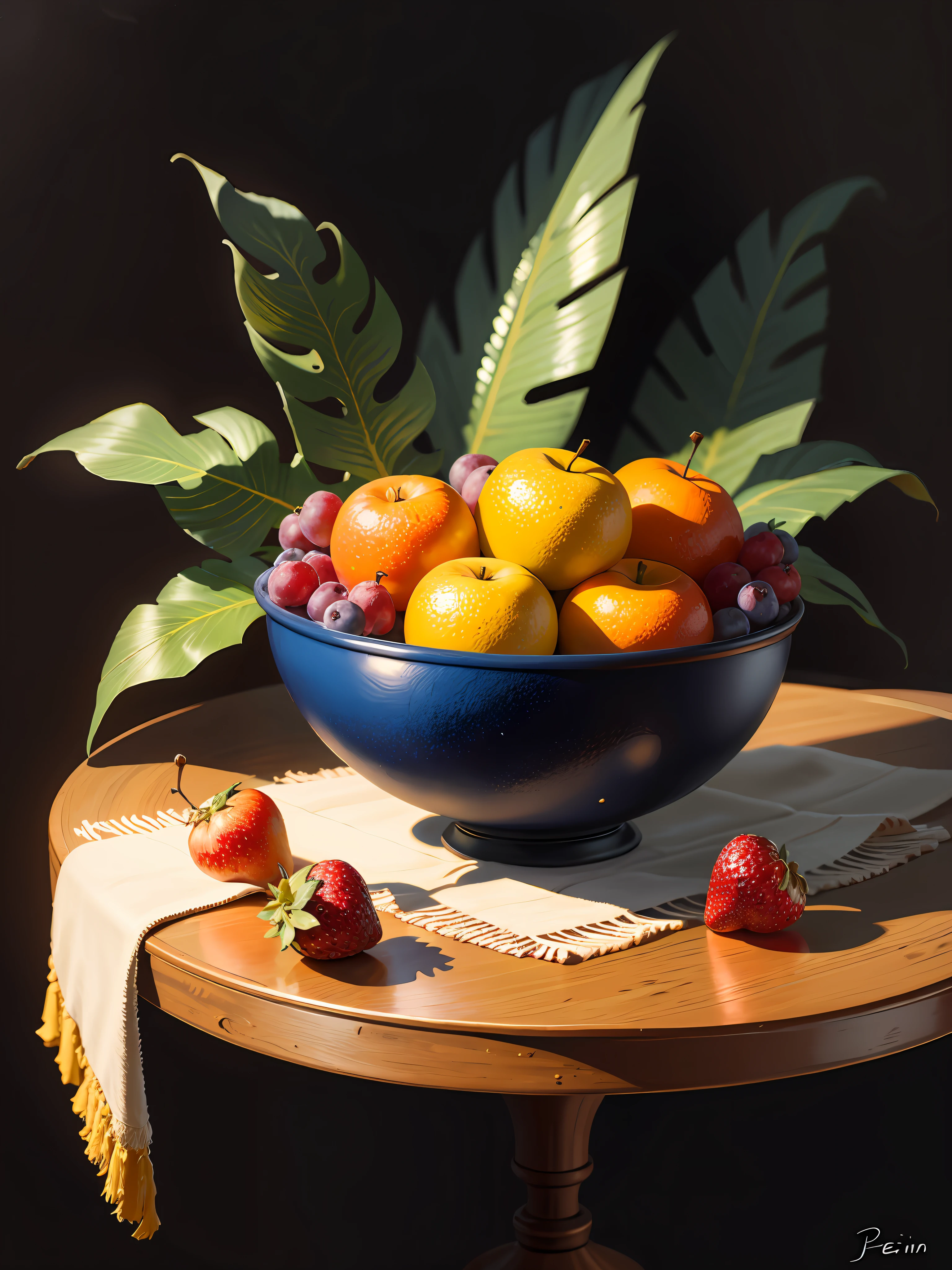painting of a still life of fruit on a table with a leaf, still life painting, (a bowl of fruits)!!!!!!!!!, pain in oil, painting in oil!!!, fruits, by Perin del Vaga, style of oil painting, oil art, painted in oil colors, intricate oil painting, oil painting