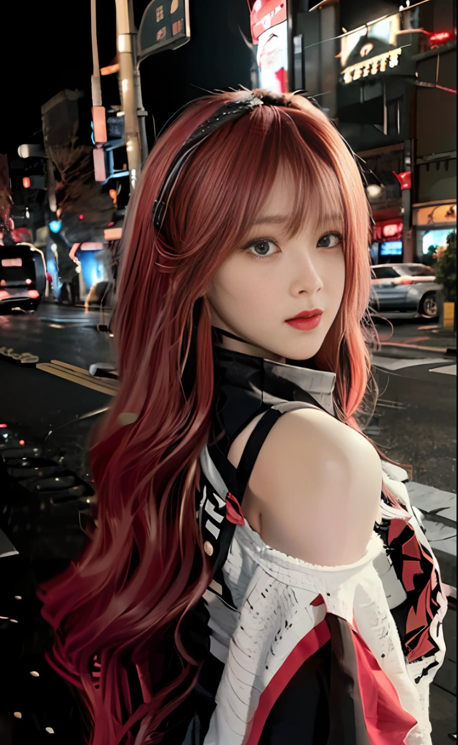 1girl, Tokyo Street, Night, Cityscape, City Lights, Upper Body, Close-up, 8K, RAW Photo, Best Quality, Masterpiece, Realism, Realism, Red Rose Headgear, Split Bangs, Long Hair, Ultra High Resolution, Very Detailed CG Unified 8K Wallpaper, Physical Rendering, Cinematic Lighting), Red Hair