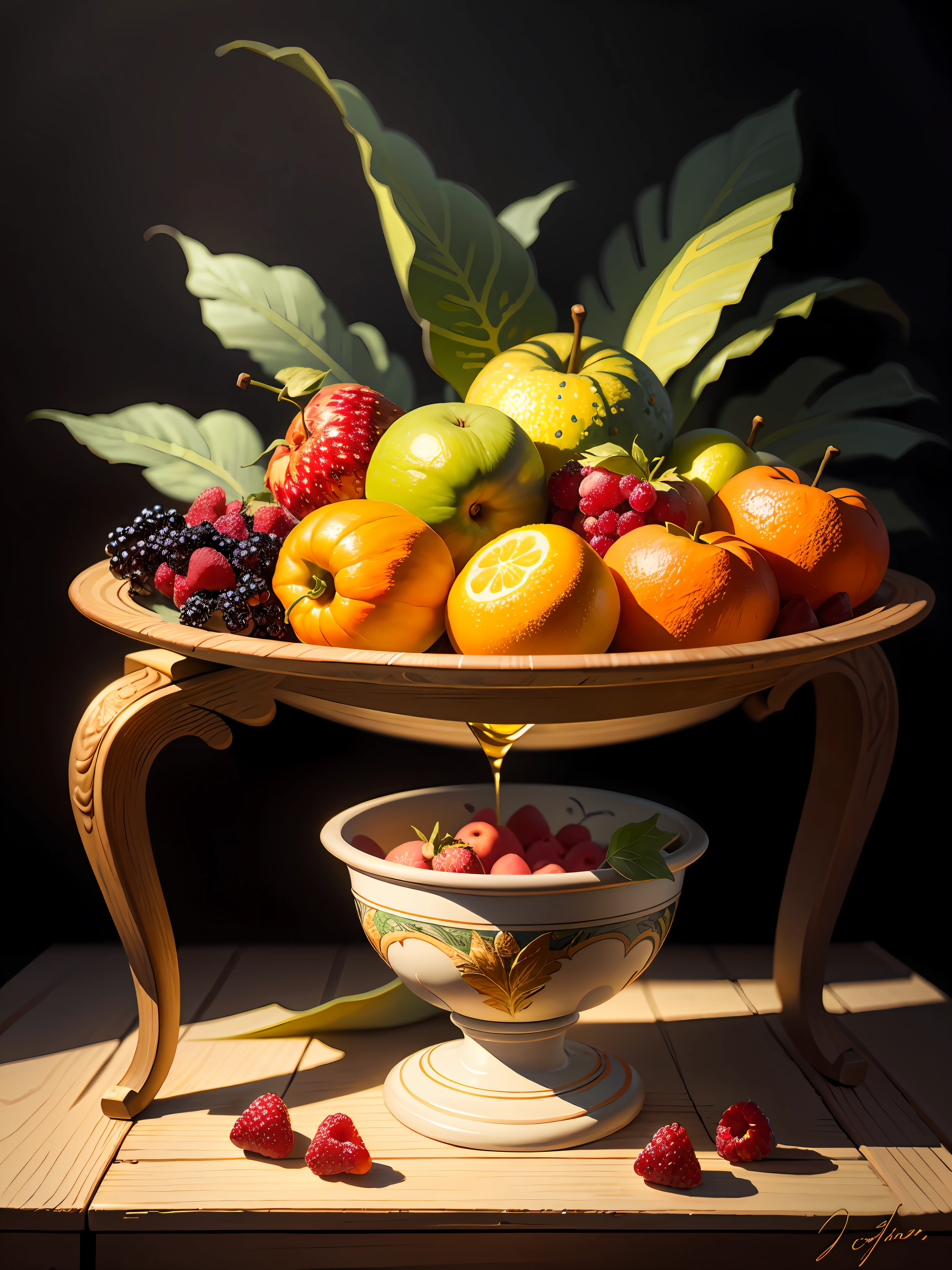painting of a still life of fruit on a table with a leaf, still life painting, (a bowl of fruits)!!!!!!!!!, pain in oil, painting in oil!!!, fruits, by Perin del Vaga, style of oil painting, oil art, painted in oil colors, intricate oil painting, oil painting