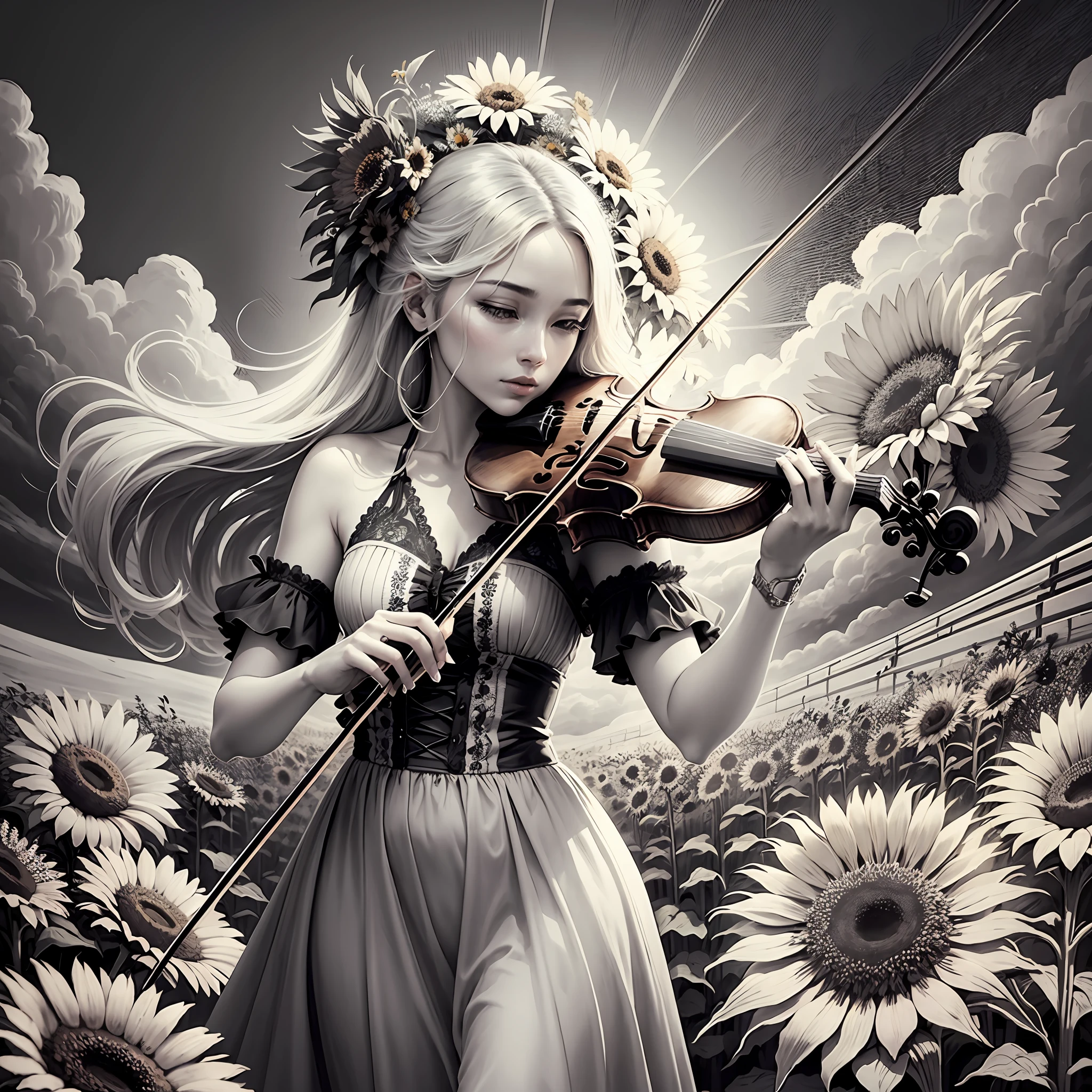 Art of a woman playing the violin on a field of sunflowers, ink pen style, black and white, woodcut --auto --s2