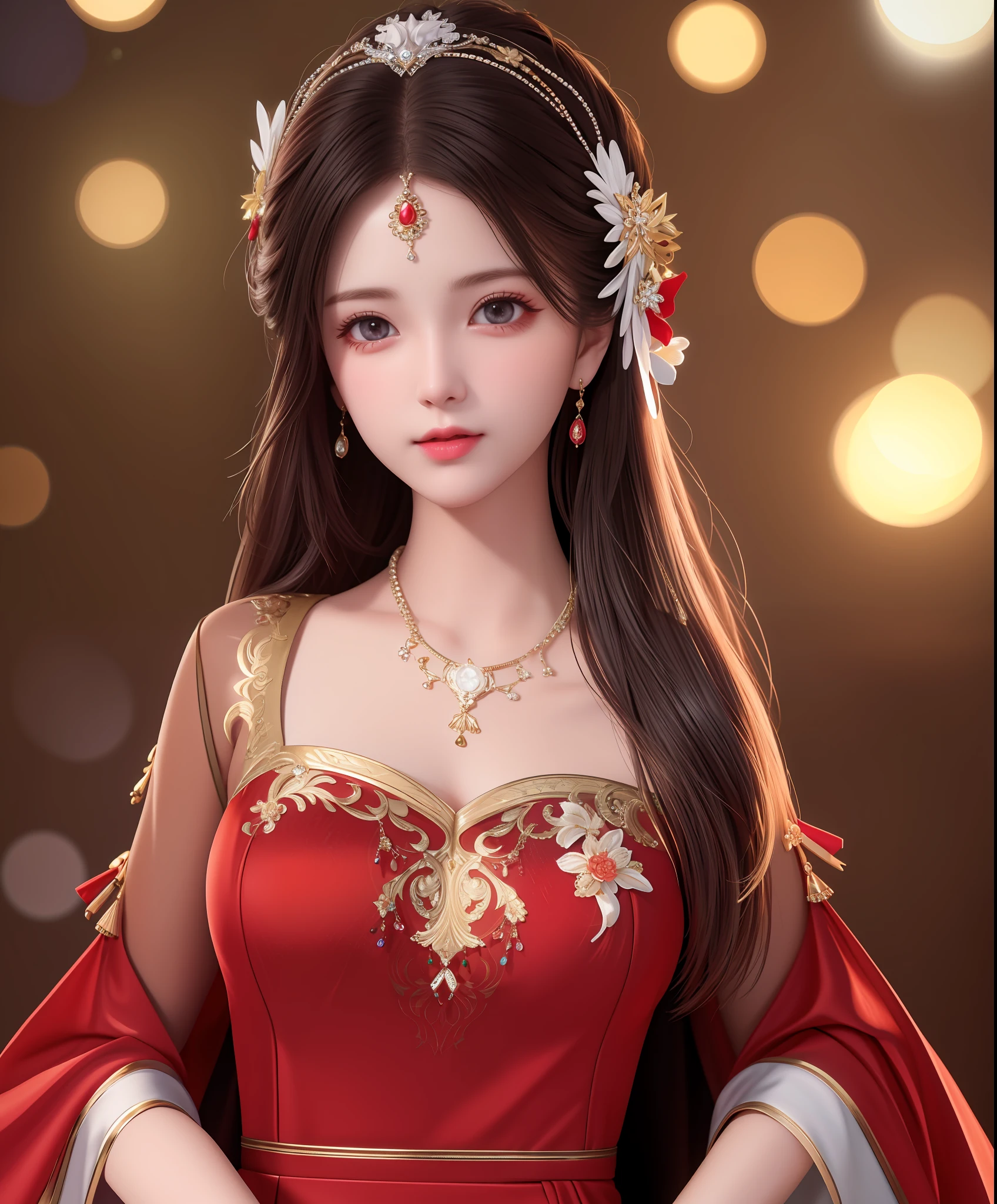 Best Quality, Masterpiece, High Resolution, 1Girl, Porcelain Dress, Hair Accessories, Necklace, Jewelry, Beautiful Face, Body, Tyndall Effect, Realism, Dark Studio, Edge Lighting, Two-tone Lighting, (High Detail Skin: 1.2), 8K UHD, DSLR, Soft Light, High Quality, Volumetric Light, Voyeur, Photo, High Resolution, 4K, 8K, Background Bokeh, Red Clothes