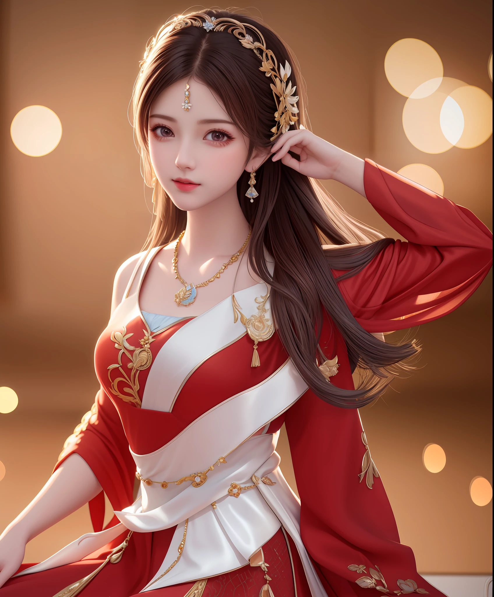 Best Quality, Masterpiece, High Resolution, 1Girl, Porcelain Dress, Hair Accessories, Necklace, Jewelry, Beautiful Face, Body, Tyndall Effect, Realism, Dark Studio, Edge Lighting, Two-tone Lighting, (High Detail Skin: 1.2), 8K UHD, DSLR, Soft Light, High Quality, Volumetric Light, Voyeur, Photo, High Resolution, 4K, 8K, Background Bokeh, Red Clothes