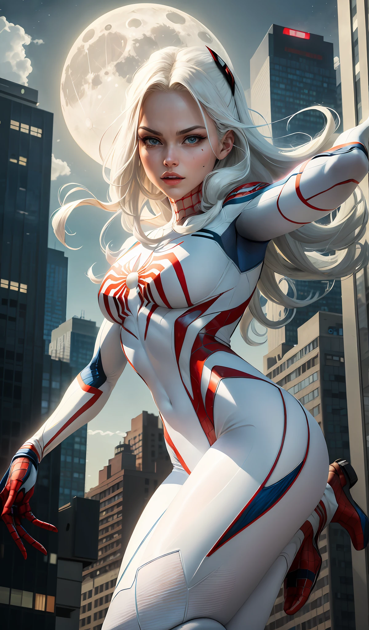 (Masterpiece, 4k resolution, ultra-realistic, very detailed), (White superhero theme, charismatic, there's a girl on top of town, wearing Spider-Man costume, she's a superhero), [ ((25 years), (long white hair:1.2), full body, (blue eyes:1.2), ((Spider-Man pose),show of strength, jumping from one building to another), ((sandy urban environment):0.8)| (cityscape, at night, dynamic lights), (full moon))] # Explanation: The Prompt mainly describes a 4K painting of ultra-high definition, very realistic, very detailed. It shows a superheroine at the top of the city, wearing a Spider-Man costume. The theme in the painting is a white superhero theme, the female protagonist has long white hair, is 25 years old and her entire body is shown in the painting. In terms of portraying the actions of superheroines, spiders are employed