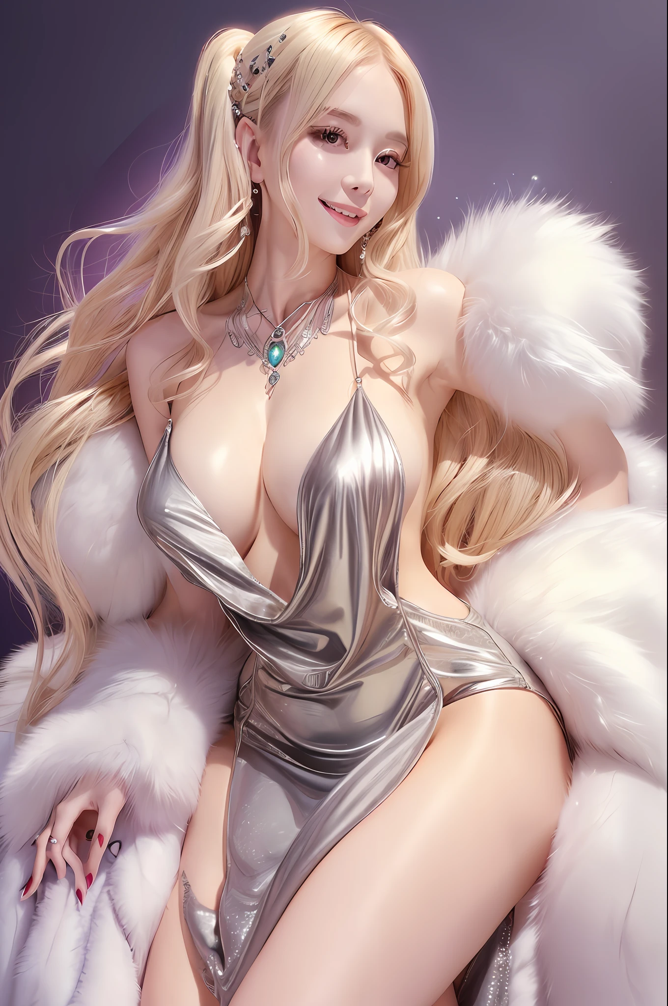 Random pose, random background, fur sleeve, fur collar, a woman in a silver dress with white fur draped over her shoulders, huge sagging heavily into the shape of water droplets, (solo, smile, pale skin, blonde hair, korean mixed, kpop idol:1.2), (slender, skinny+thin thighs, cleavag