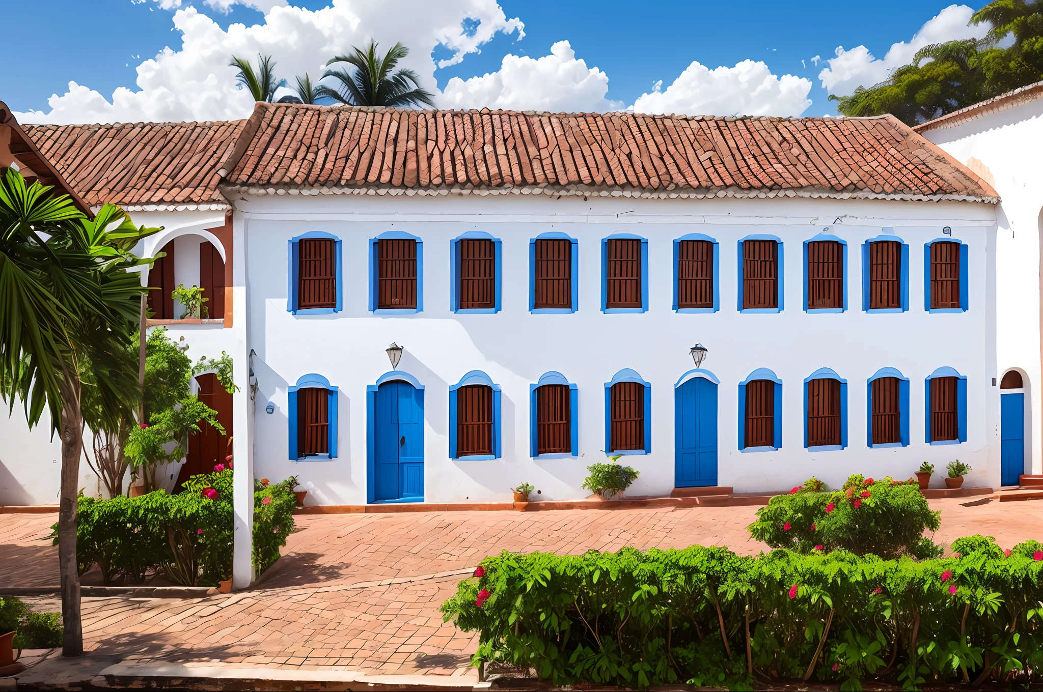 there is a white building with blue windows and a red roof, old building, azulejo, colonial house in background, historical setting, museum, whitewashed buildings, bispo do rosario, white buildings with red roofs, by Felipe Seade, by Fernando Gerassi, rosalia vila i tobella, salvador, old house, colonial, by Manuel Franquelo --auto --s2
