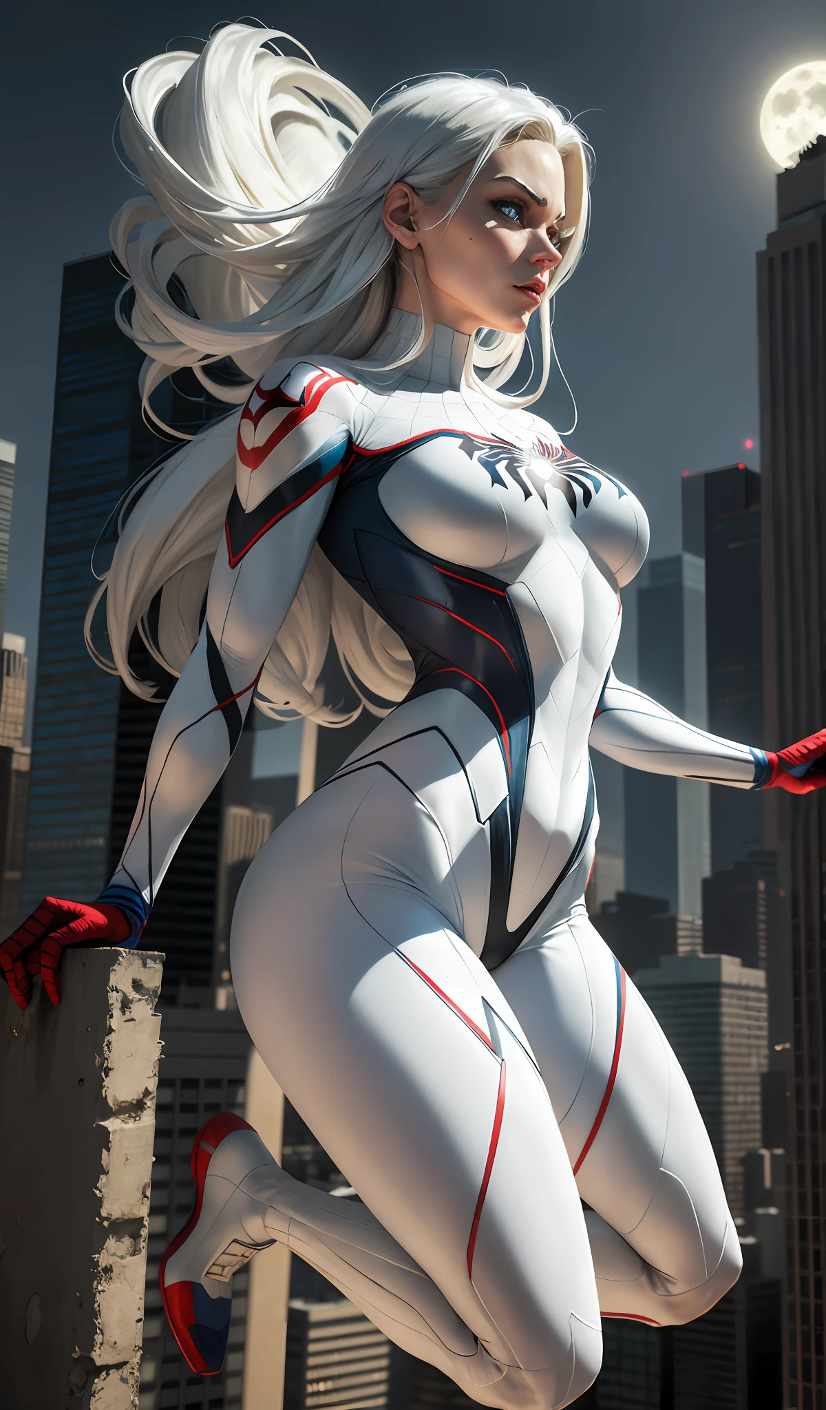 (Masterpiece, 4k resolution, ultra-realistic, very detailed), (White superhero theme, charismatic, there's a girl on top of town, wearing Spider-Man costume, she's a superhero), [ ((25 years), (long white hair:1.2), full body, (blue eyes:1.2), ((Spider-Man pose),show of strength, jumping from one building to another), ((sandy urban environment):0.8)| (cityscape, at night, dynamic lights), (full moon))] # Explanation: The Prompt mainly describes a 4K painting of ultra-high definition, very realistic, very detailed. It shows a superheroine at the top of the city, wearing a Spider-Man costume. The theme in the painting is a white superhero theme, the female protagonist has long white hair, is 25 years old and her entire body is shown in the painting. In terms of portraying the actions of superheroines, spiders are employed