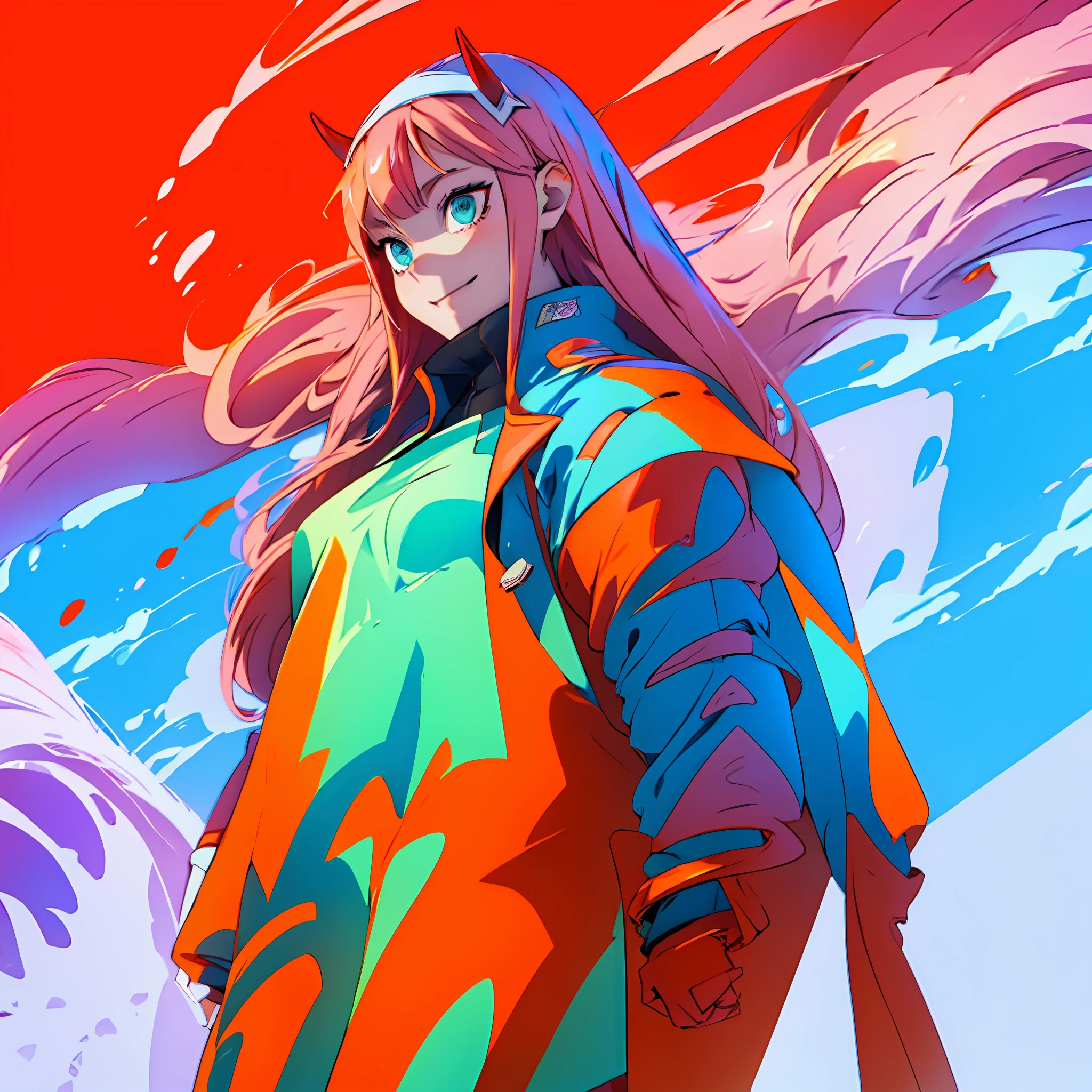 zero two \(darling in the franxx\), darling in the franxx, 1girl, ascot, bangs, blue background, green eyes, hairband, horns, long hair, long sleeves, looking at viewer, red jacket, open on top of jacket, military uniform, oni horns, orange ascot, pink hair, red horns, simple background, smile, solo, standing, uniform, white hairband, ((masterpiece)),camel toe, (breast:1.4), 8k, full body picture,