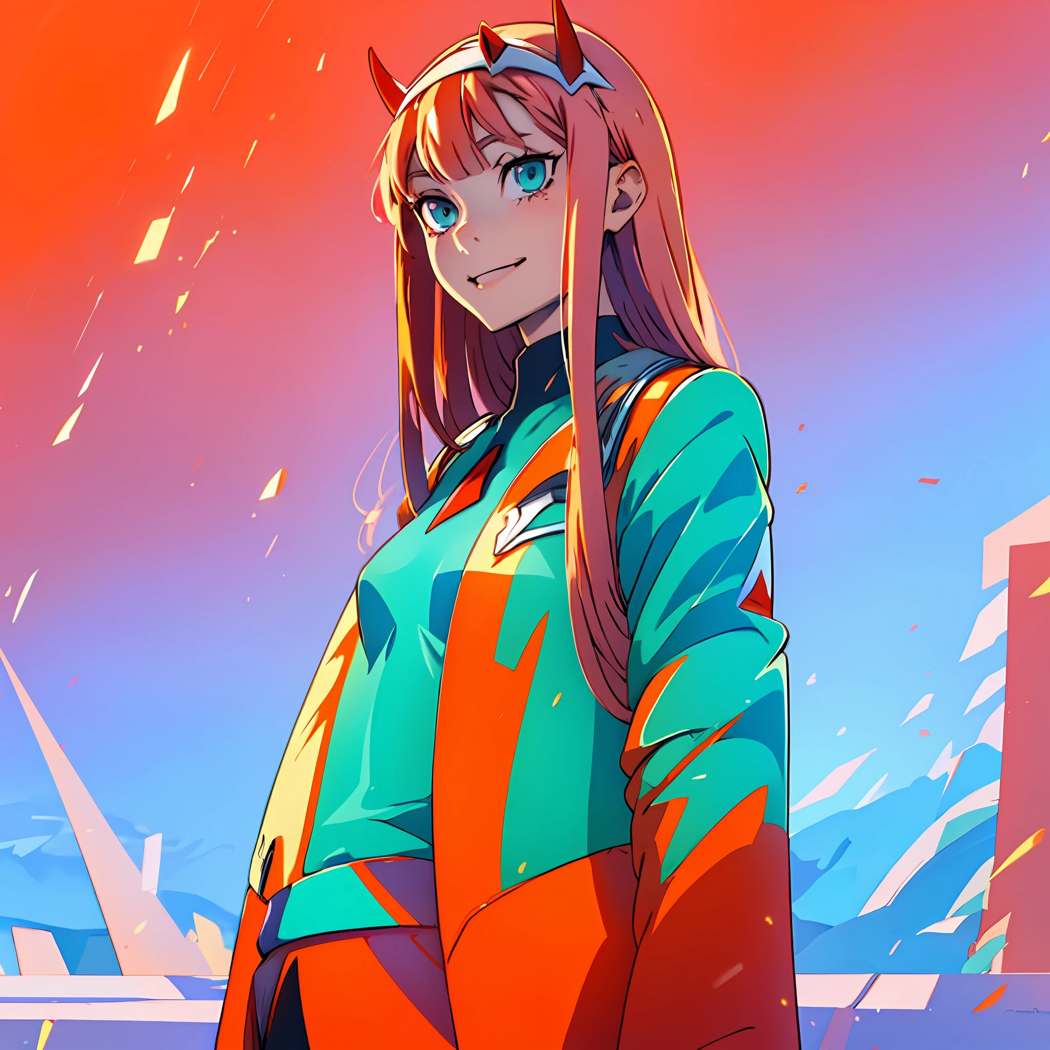 zero two \(darling in the franxx\), darling in the franxx, 1girl, ascot, bangs, blue background, green eyes, hairband, horns, long hair, long sleeves, looking at viewer, red jacket, open on top of jacket, military uniform, oni horns, orange ascot, pink hair, red horns, simple background, smile, solo, standing, uniform, white hairband, ((masterpiece)),camel toe, (breast:1.4), 8k, full body picture,