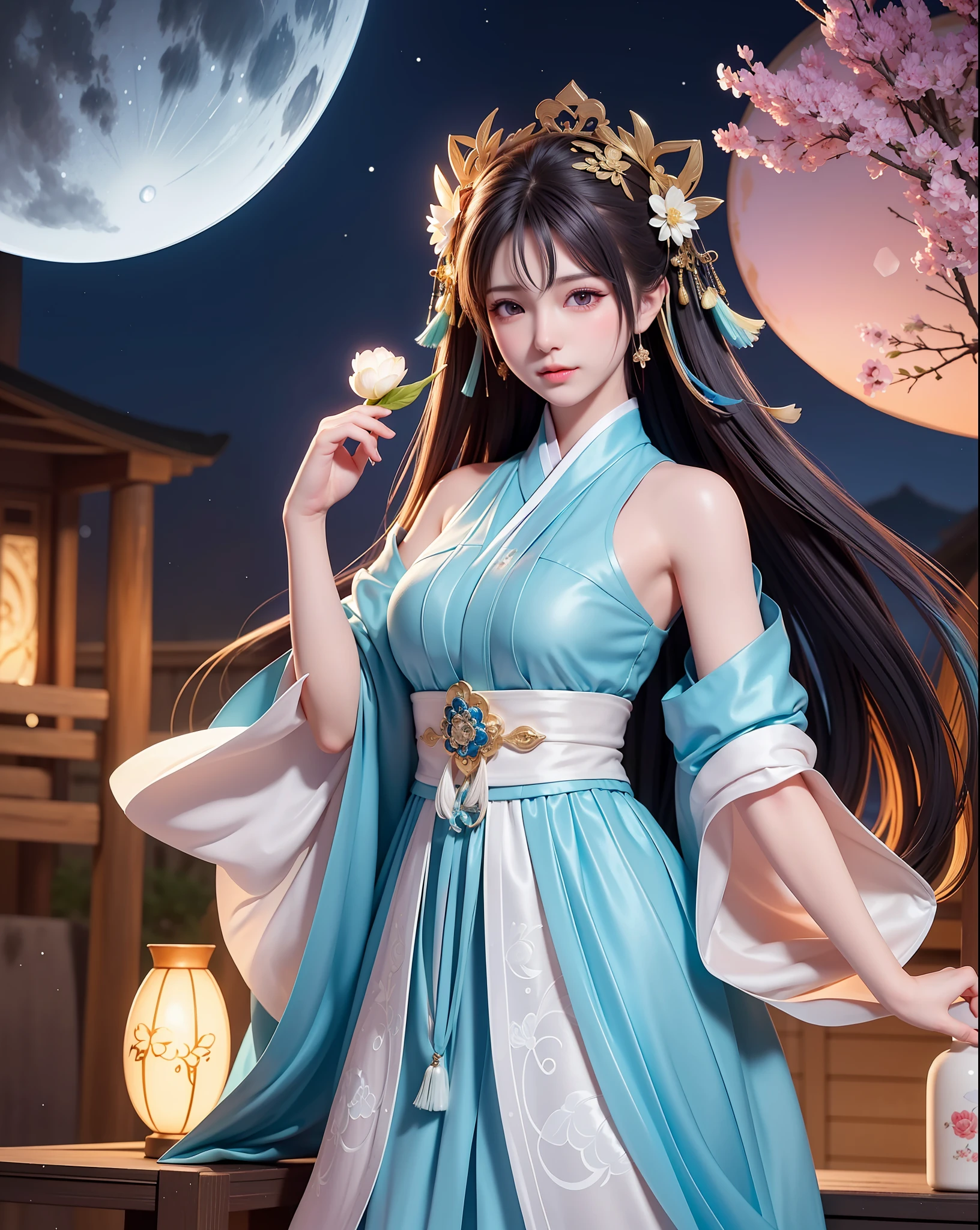 (8k, RAW photo:1.2), best quality, ultra high res, dramatic angle, (fluttered detailed color splashs), (illustration), (((1 girl))), (long hair), (rain:0.9), (headdress: 1.4), there is an ancient palace next to the girl, Hanfu, (emphasis), Color ink painting, (splash color), splash color, (((colorful))), (sketch: 0.8), Masterpiece, best quality, beautiful painted, highly detailed, (denoising:0.6), [splash ink], ((ink refraction)), (beautiful detailed sky), moon, highly, detailed, (masterpiece, best quality, extremely detailed) CG unity 8k wallpaper, masterpiece, best quality, super detailed), (garlic), holding a fan and a puppet next to him