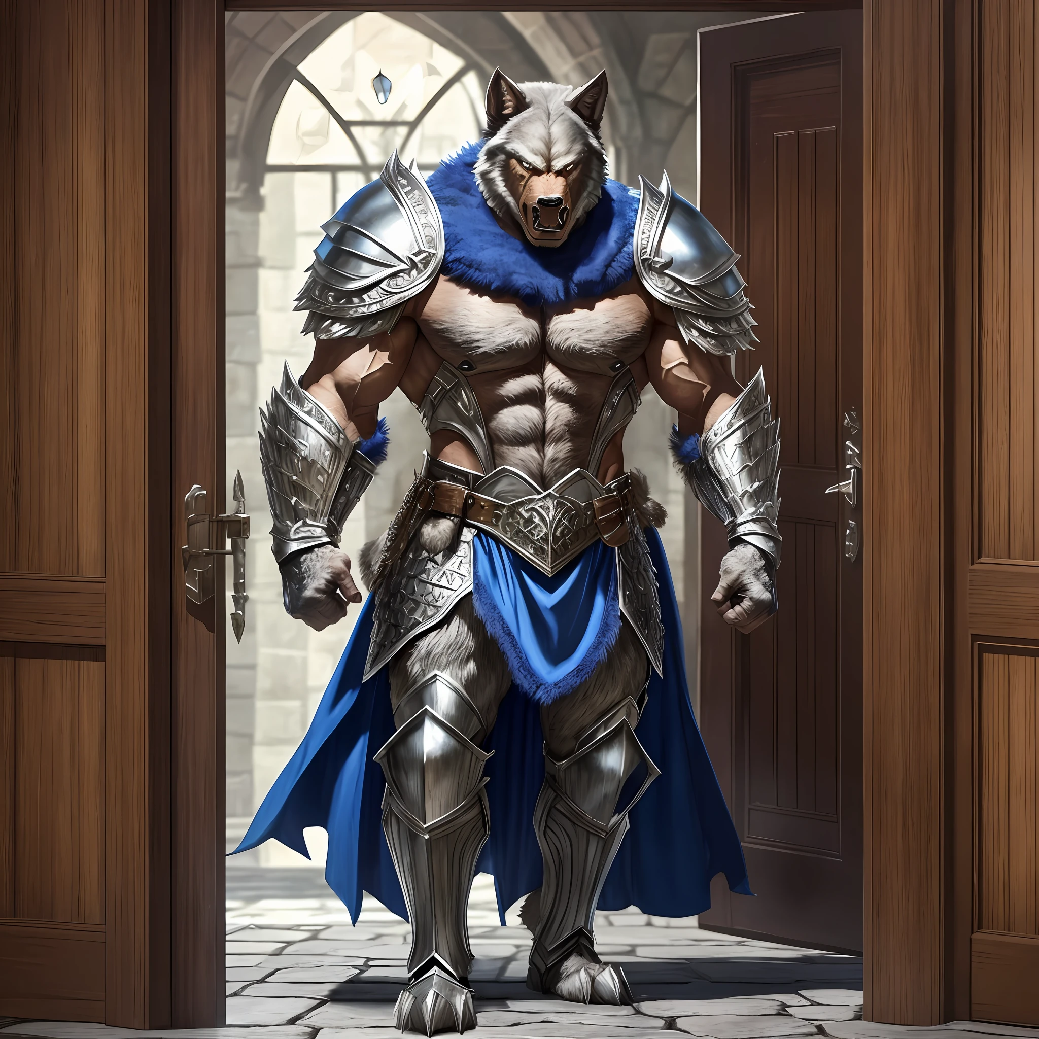 Young giant man wide muscular werewolf, wearing a medieval Armor, large shoulder pads, silver breastplate and a furry Blue cape, angry at the entrance door of a tavern, Realistic, Full HD, best quality