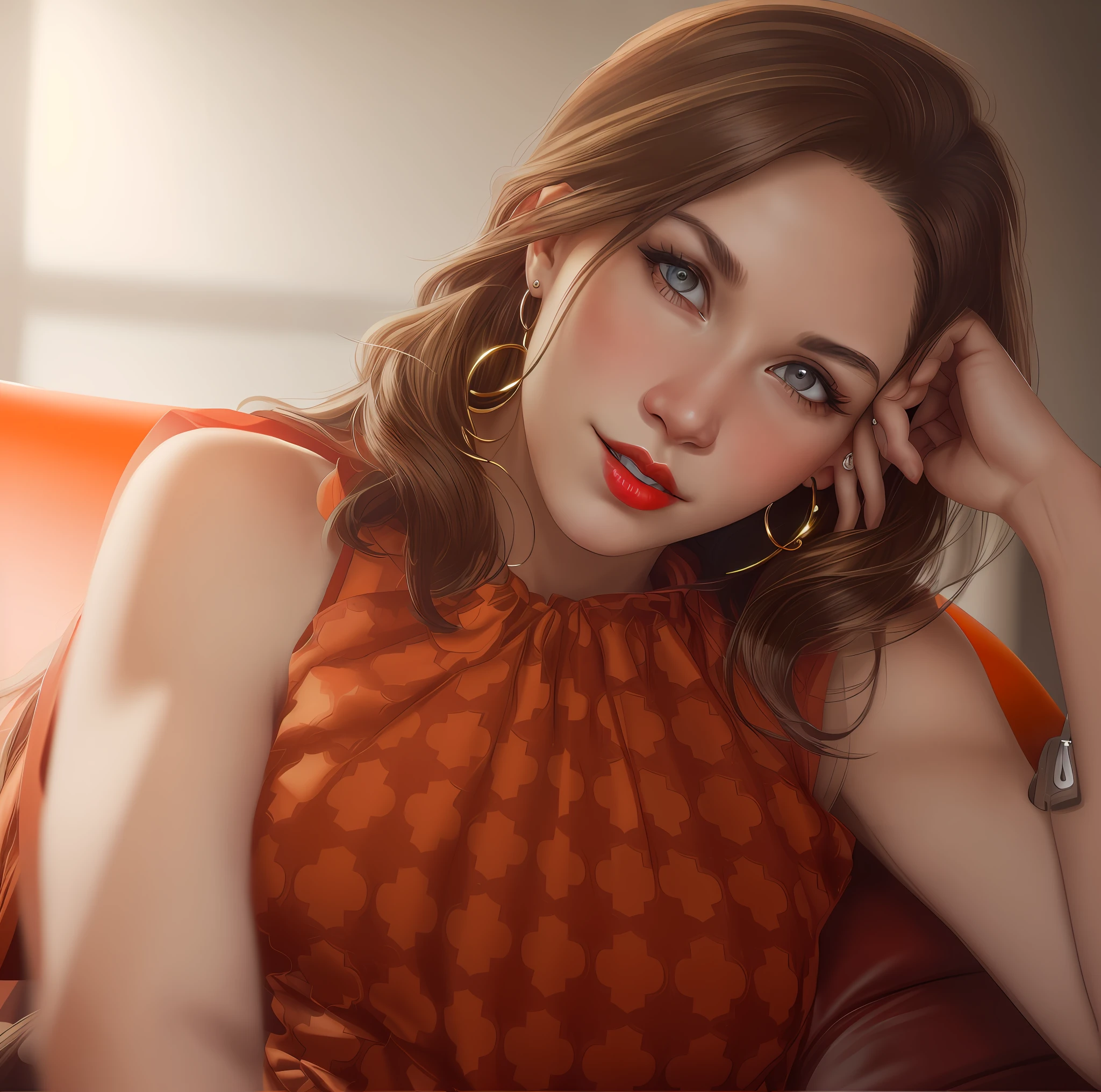 (RAW photo: 1.2), (photorealistic: 1.4), (masterpiece: 1.3), (best quality: 1.4), ultra high res, (detailed eyes), (detailed facial features), (detailed clothing features), HDR, 8k resolution, solo focus, (slim girl), dreamlike,
(extremely detailed illustration), small breasts, short hair, brown hair, brown eyes,
1girl, upper body, hoop earrings, looking at the viewer, indoors, mouth closed, body detailed, clothes detailed, red blouse with orange details, photorealistic, detailed background, front, (bra: 1.1), blush, red lipstick, narrow waist, red sofa, gray wall