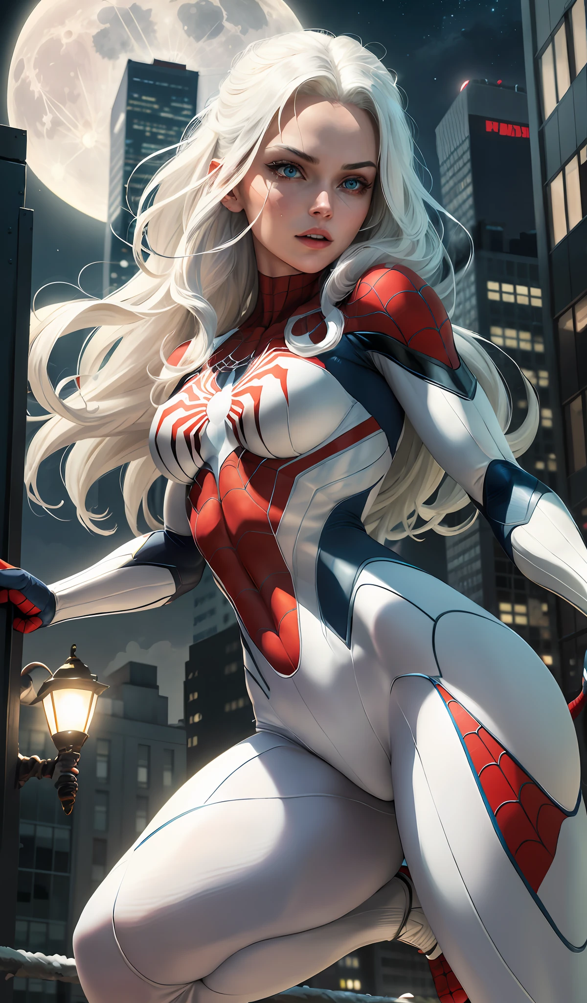 (Masterpiece, 4k resolution, ultra-realistic, very detailed), (White superhero theme, charismatic, there's a girl on top of town, wearing Spider-Man costume, she's a superhero), [ ((25 years), (long white hair:1.2), full body, (blue eyes:1.2), ((Spider-Man pose),show of strength, jumping from one building to another), ((sandy urban environment):0.8)| (cityscape, at night, dynamic lights), (full moon))] # Explanation: The Prompt mainly describes a 4K painting of ultra-high definition, very realistic, very detailed. It shows a superheroine at the top of the city, wearing a Spider-Man costume. The theme in the painting is a white superhero theme, the female protagonist has long white hair, is 25 years old and her entire body is shown in the painting. In terms of portraying the actions of superheroines, spiders are employed