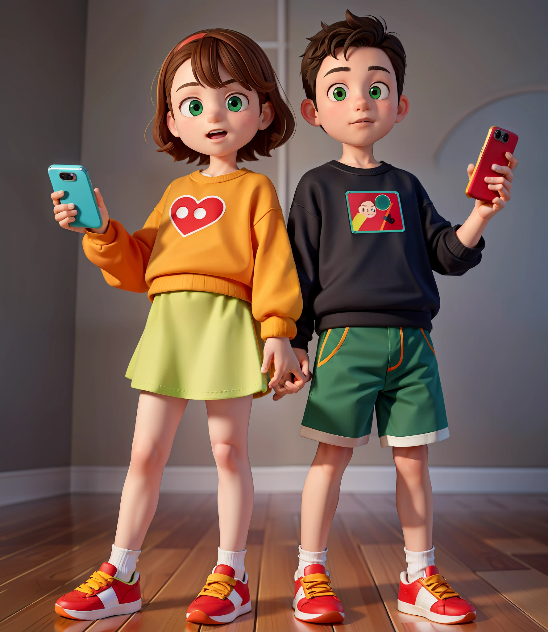 ((Masterpiece, Best Picture Quality)), (Complex Lighting), A Boy and a Girl, Girl Holding a Red Phone, Boy Holding a Black Phone, Full Body Close-Up, Personal Image, Child, Sherman (Partner), Girl in Light Yellow Sweater and Short Skirt, Long Brown Hair, Boy in Green Sweatshirt, Black Shorts, Sneakers, Classroom.