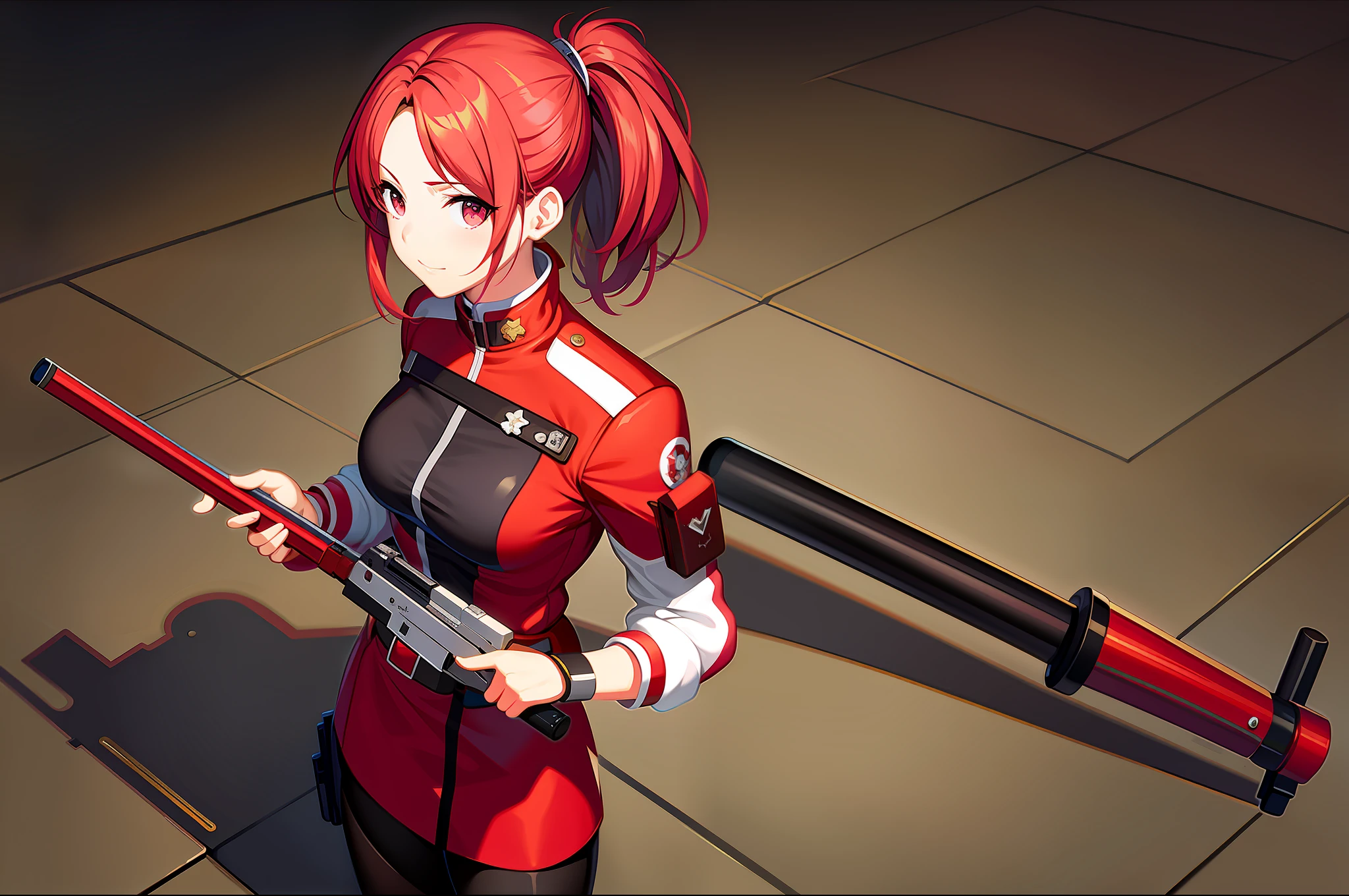 masterpiece,(best quality),anime girl in a red and white uniform with a gun, cushart krenz, female protagonist 👀 :8, cushart kenz, female magical anime. Girl guilty gear art style, sakura kinomoto, anime style character, anime character design, female anime character, katana zero video game character, sakura haruno, fullbody, ponytail( ( character concept art ) )