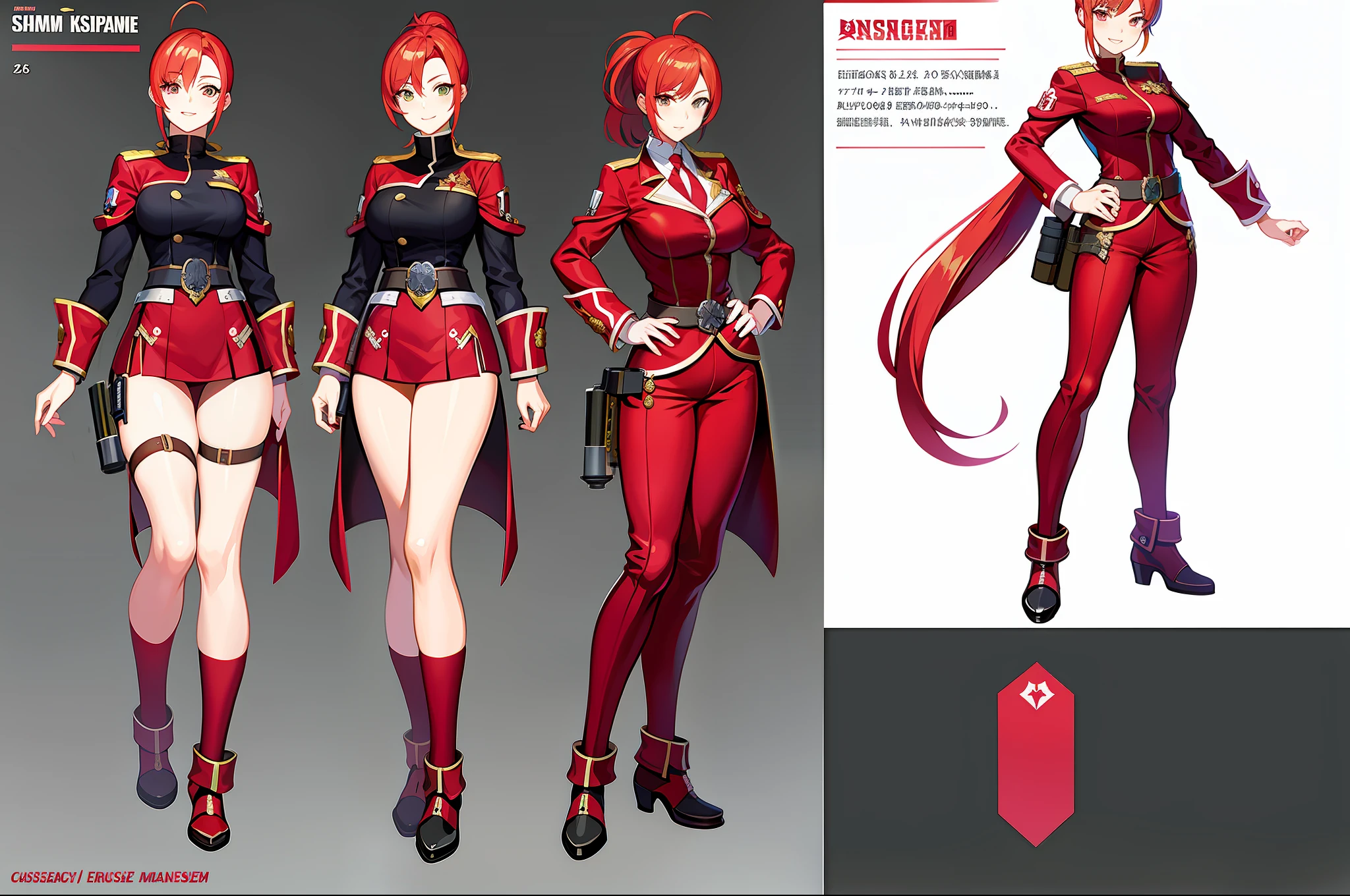 masterpiece,(best quality),anime girl in a red and white uniform with a gun, cushart krenz, female protagonist 👀 :8, cushart kenz, female magical anime. Girl guilty gear art style, sakura kinomoto, anime style character, anime character design, female anime character, katana zero video game character, sakura haruno, fullbody, ponytail( ( character concept art ) )