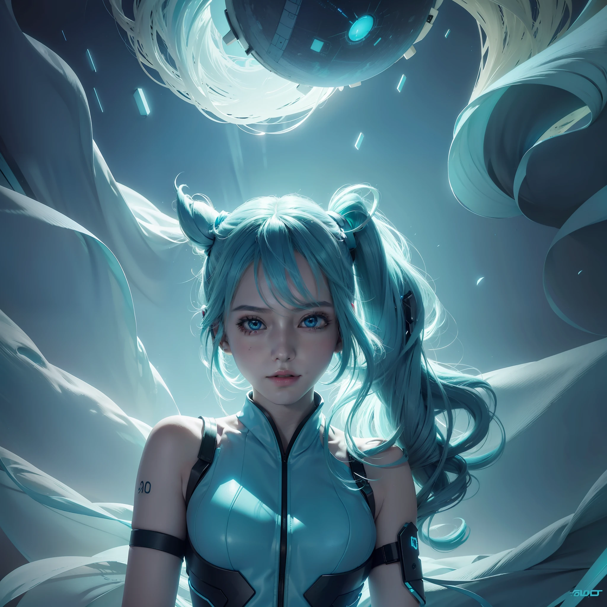 ultra-detailed artwork, best quality, beautiful, Hatsune Miku, dynamic pose, flowing hair, bright blue eyes, glowing technological details, futuristic atmosphere, neon lights, abstract backgrounds, Volumetric light)