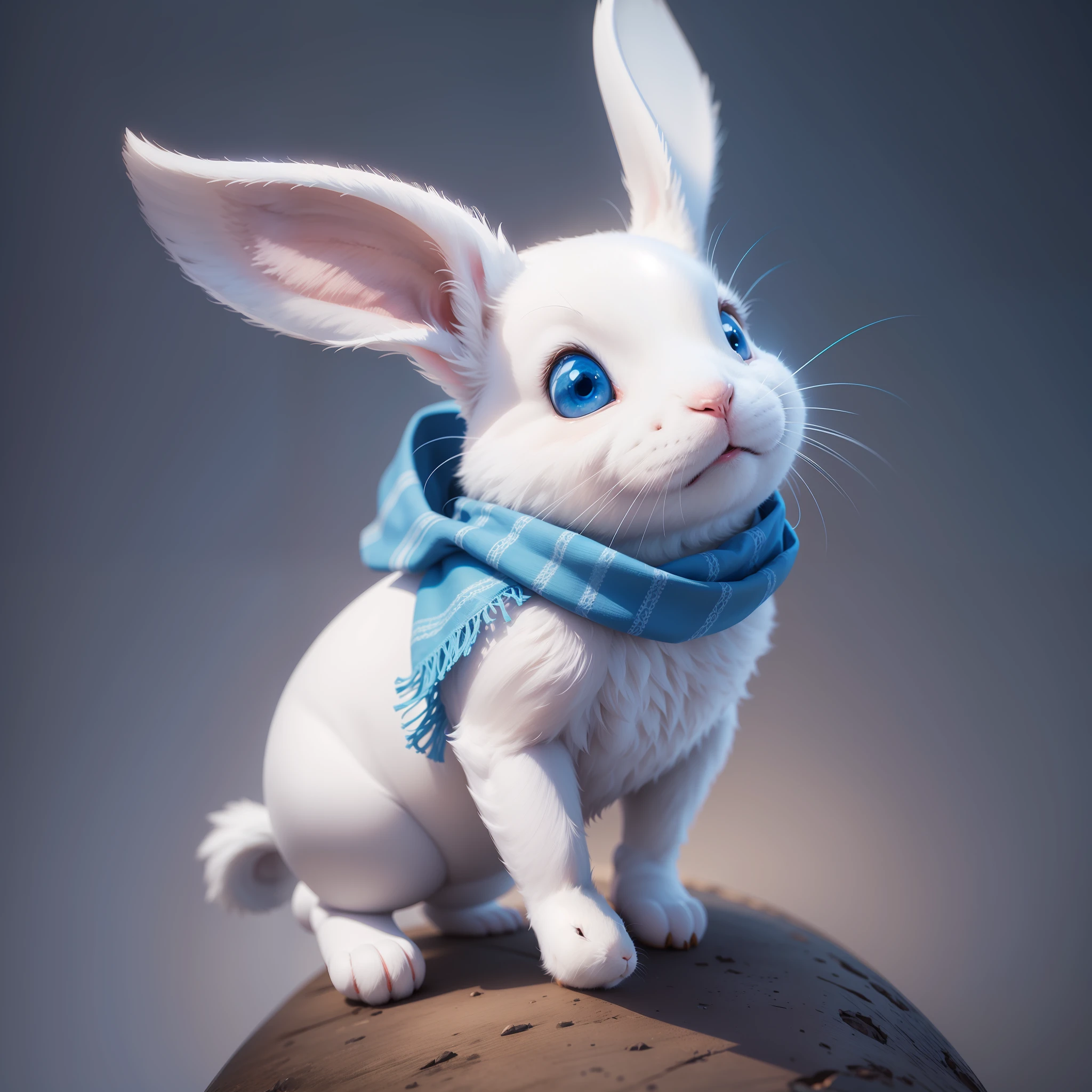 A small white rabbit wearing a blue scarf, looking up, solid color background, full body, Pixar, portrait, detailed, 3D rendering, Disney style, super detailed, digital art, 8k, digital painting, super detailed and cute --auto --s2