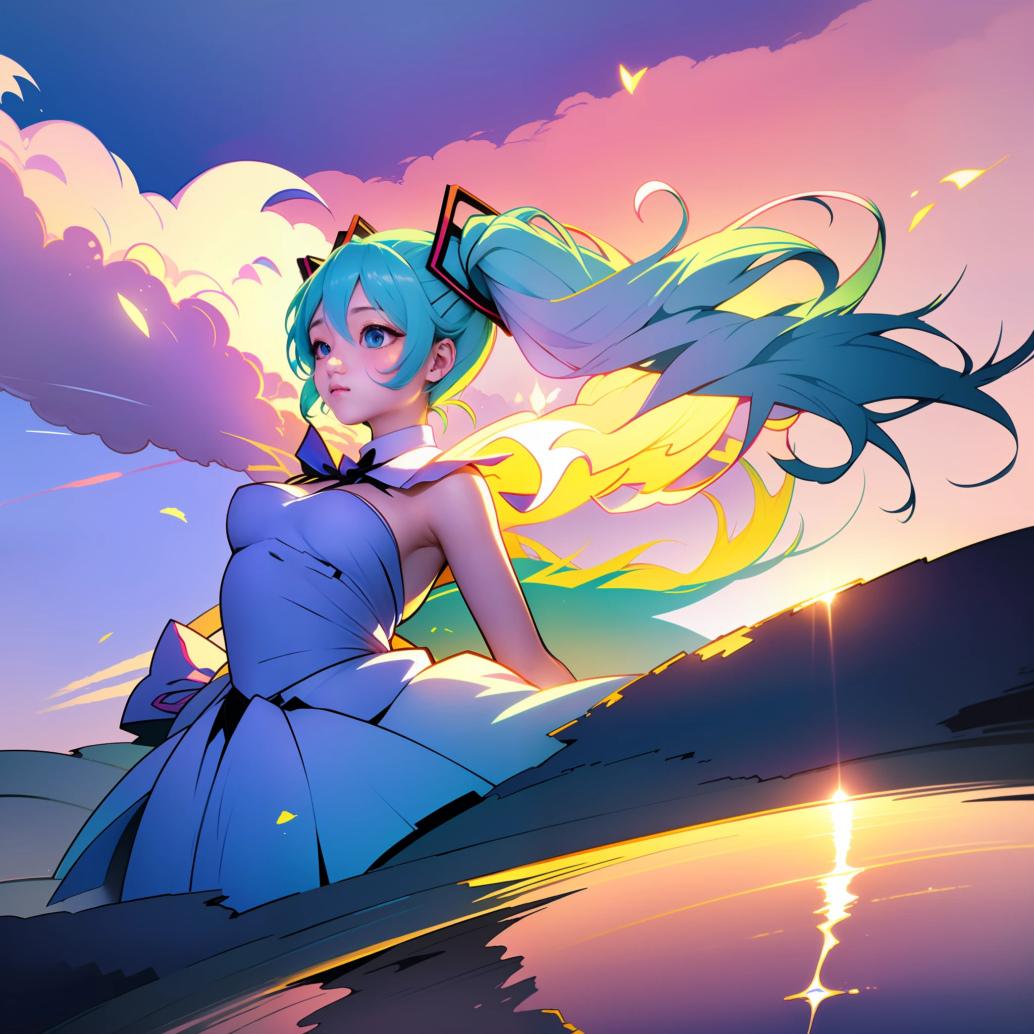 (masterpiece) high-quality, ultra-detailed CG wallpaper of (Hatsune Miku), in an extremely delicate and beautiful style. Floating in mid-air with dynamic angles, showcasing her (vibrant blue eyes) and (colorful hair with emphasis on teal and pink shades: 1.3) with perfect realism. She wears elegant and intricate (white dress) which accentuates her beauty. The backdrop captures the (serene sunset), with (clouds and watercolor effects) which adds to the ethereal atmosphere of the scene.