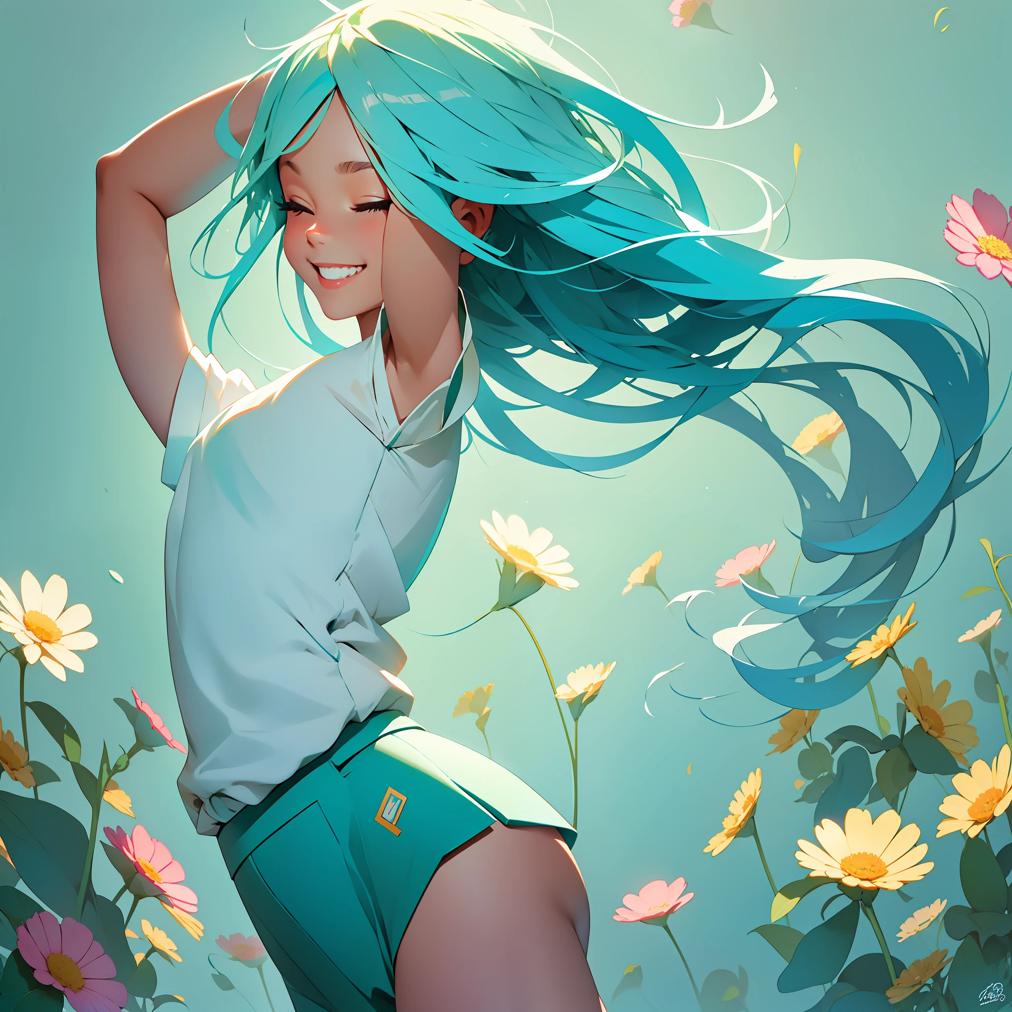 (high resolution, best quality, masterpiece) illustration of Hatsune Miku, (her) signature aqua-colored (blue hair|turquoise hair), (1 girl) standing on a (flower field|green meadow), surrounded by (colourful flowers:1.3|dancing sakura petals), (smiling), (eyes closed:0.5|eyes open), dynamic pose, (Japanese high school uniform|blue school uniform), (wind blowing her hair:1.2), (glittering sunlight:candle light)